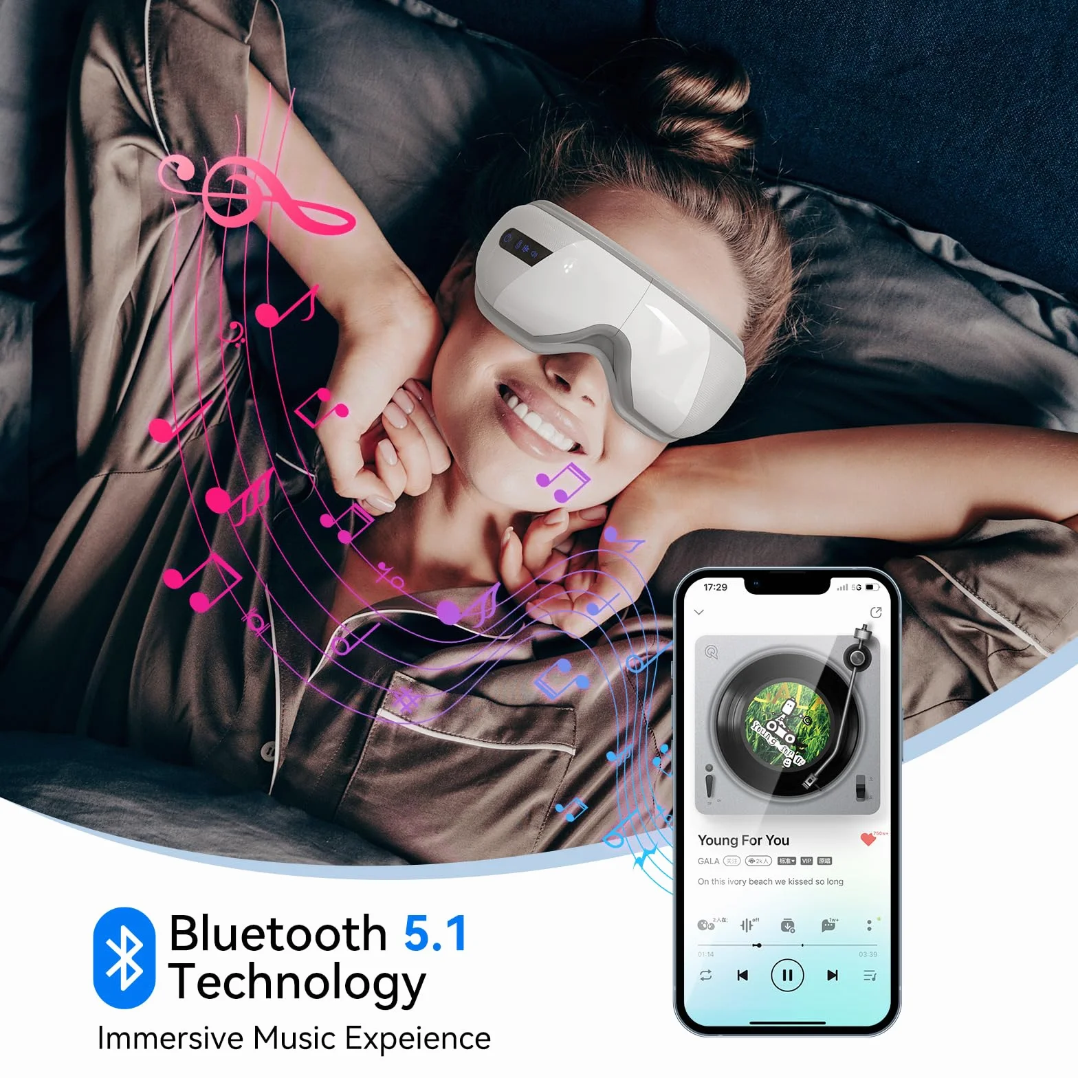 Masażer oczu z ciepłem, podgrzewany masażer uciskowy maska do oczu z muzyką Bluetooth, masaż z akumulatorem łagodzącym zmęczenie oczu, suche kieszenie na oczy poprawiają senność