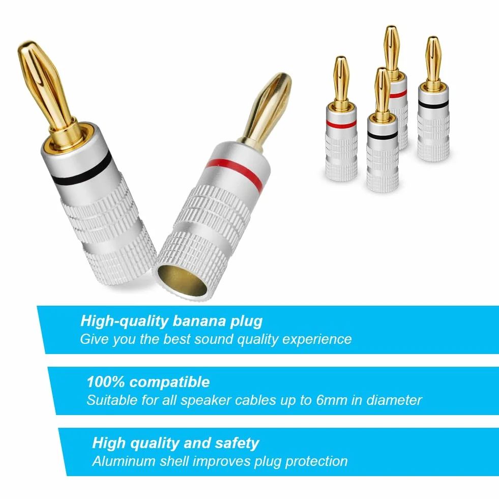 Wtyczki bananowe 4 sztuki, złącza do kabli głośnikowych 4,5 mm², HiFi (2 czerwone, 2 czarne)