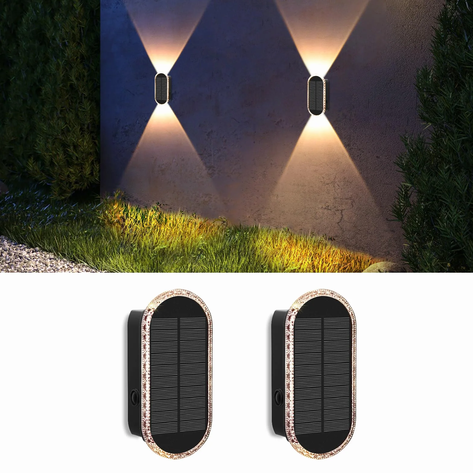 A.bigwhale Lampy solarne na zewnątrz, Solarna lampa ścienna na zewnątrz, 2 sztuki Lampa solarna na zewnątrz Oświetlenie LED Wodoszczelne lampy ogrodowe na ogrodzenie ścianę taras ogród balkon