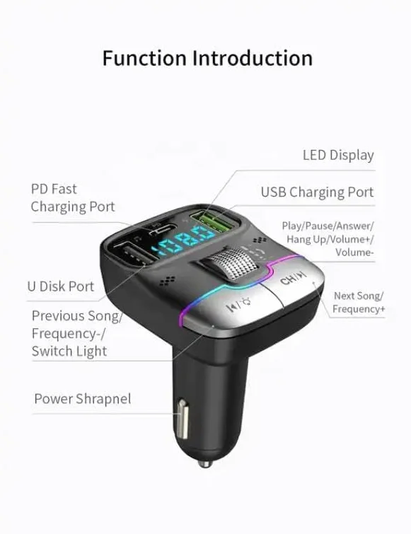 Mp3 Dual USB Qc PD FM Modulator Audio Adapter Ładowarka samochodowa 3D Car Mp3 Player FM Nadajnik Bluetooth 5.3 do samochodu... L (GZ01)