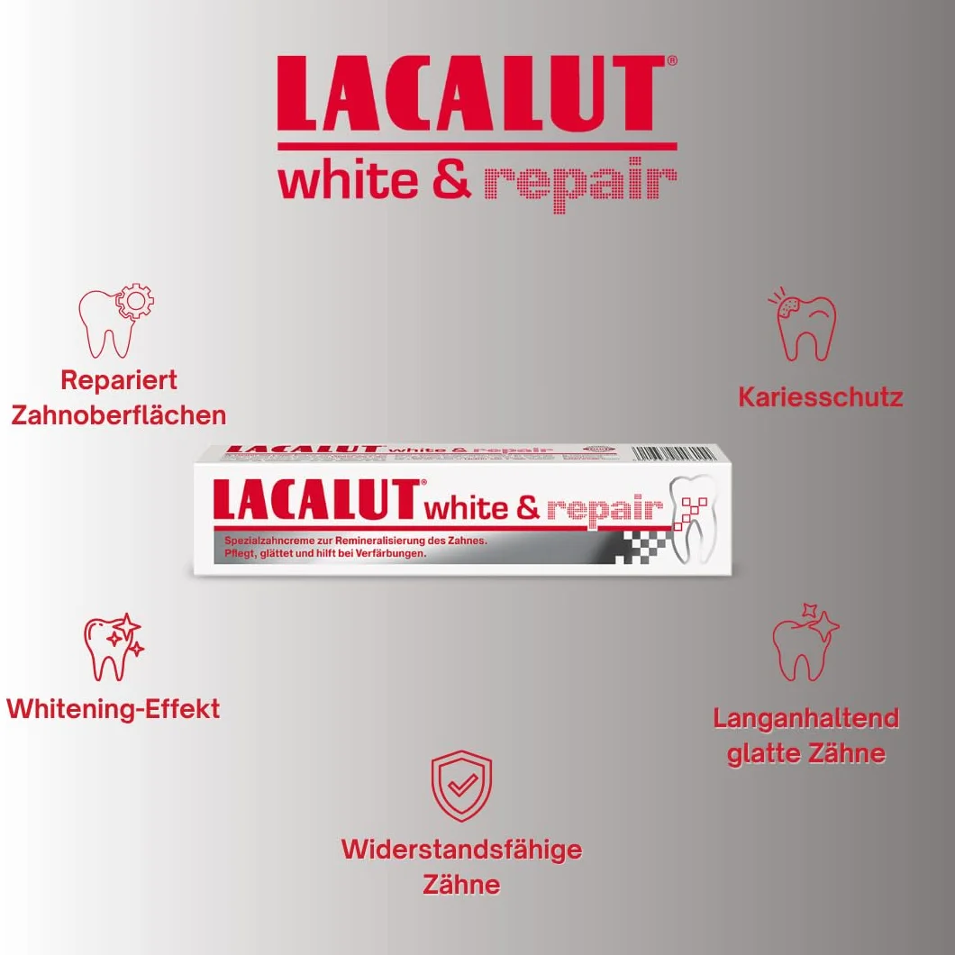 Lacalut White & Repair Pasta do zębów, do wybielania zębów, ujędrniania i wzmacniania dziąseł, pasta dla białych zębów, 1 x 75 ml