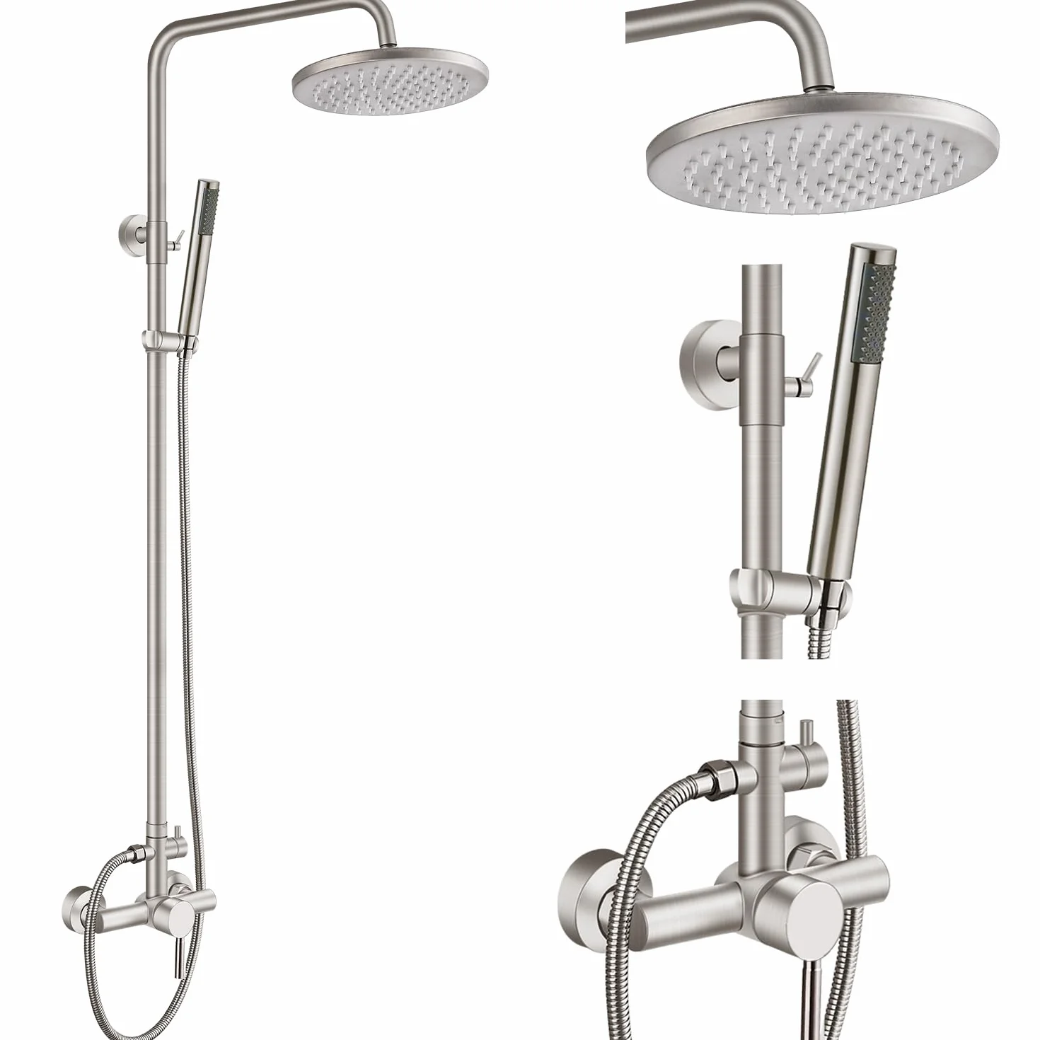 Szczotkowany nikiel zewnętrzny zestaw armatury prysznicowej SUS304 stal nierdzewna 20 cm głowica prysznicowa z cylindrem ręczny opryskiwacz montowany na ścianie 1-uchwyt bateria prysznicowa z
