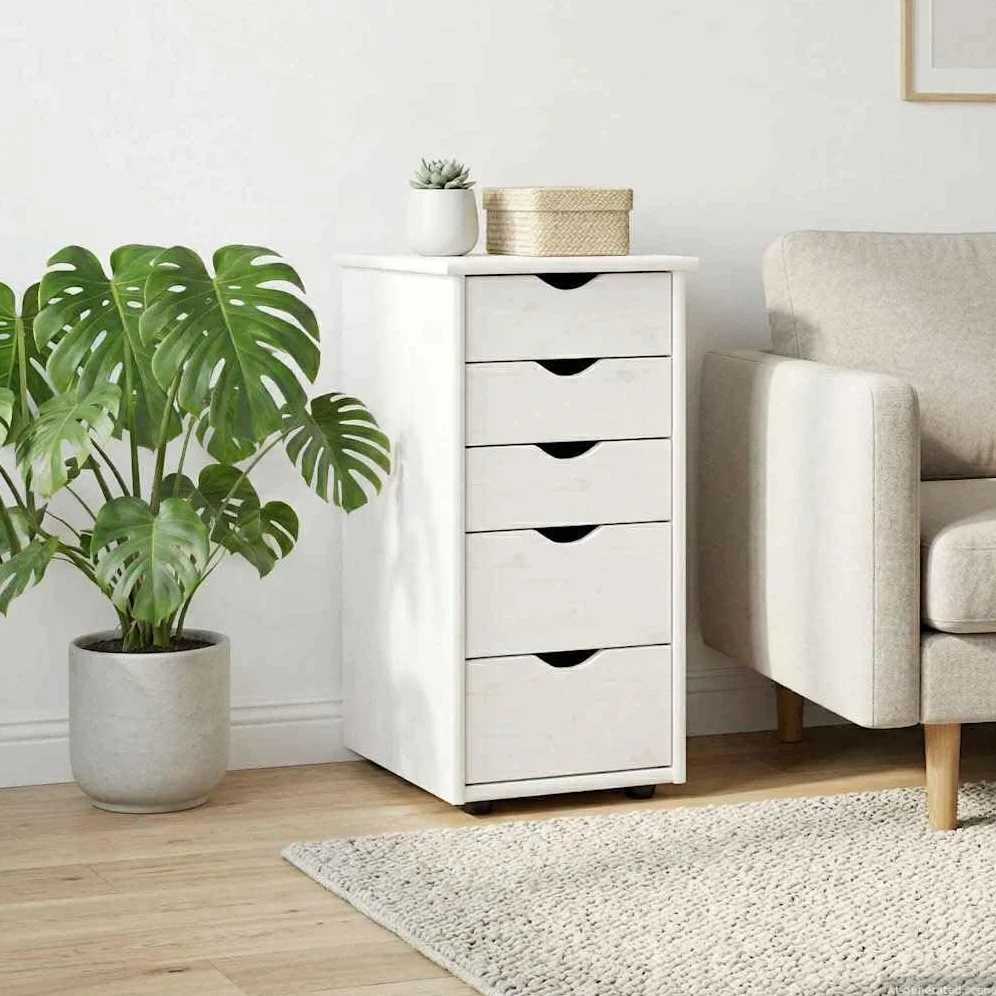 Szafka z litego drewna sosnowego biała 34 x 39 x 61,5 cm | Z kółkami, oszczędność miejsca, matowa powierzchnia, do salonu, sypialni, biura