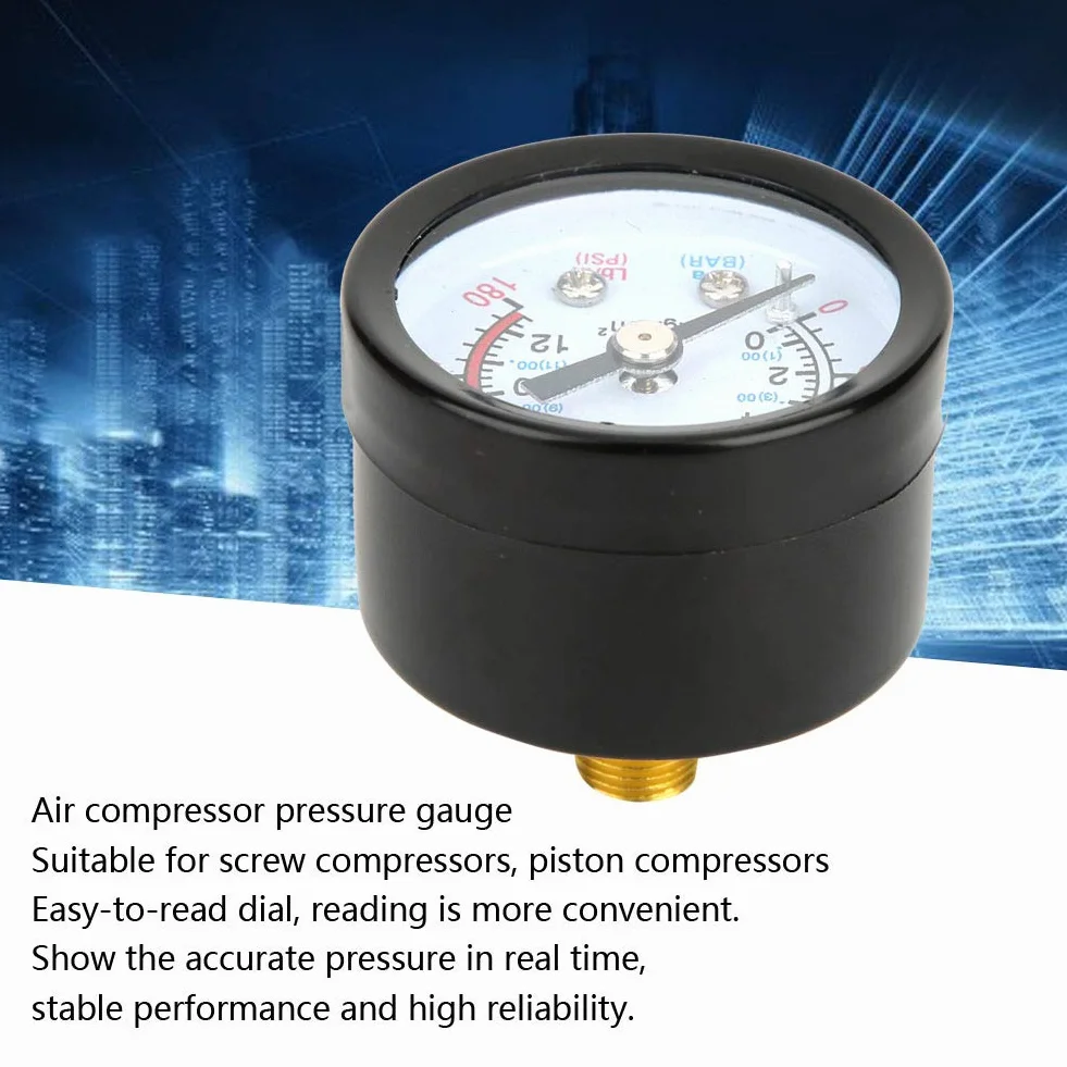 Manometr Regulatora Ciśnienia Powietrza do Sprężarki, 0-180 PSI/0-12 Bar, dla Sprężarek Śrubowych i Tłokowych