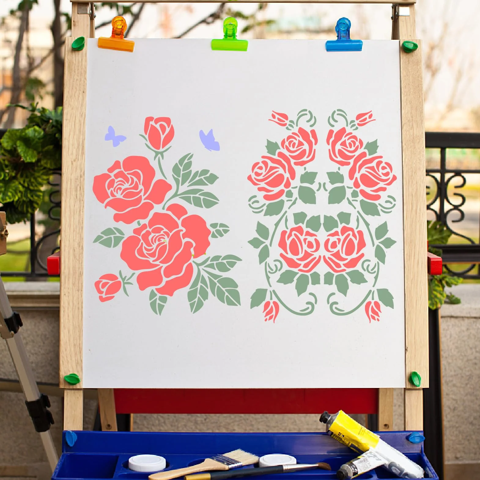 GORGECRAFT 20 x 30 cm, 2 szt. szablony róż, plastikowa farba kwiatowa, duże szablony kwiatów, szablony wielokrotnego użytku, rysunek do samodzielnego wykonania, malarstwa, drewna, na ścianę, płótno,