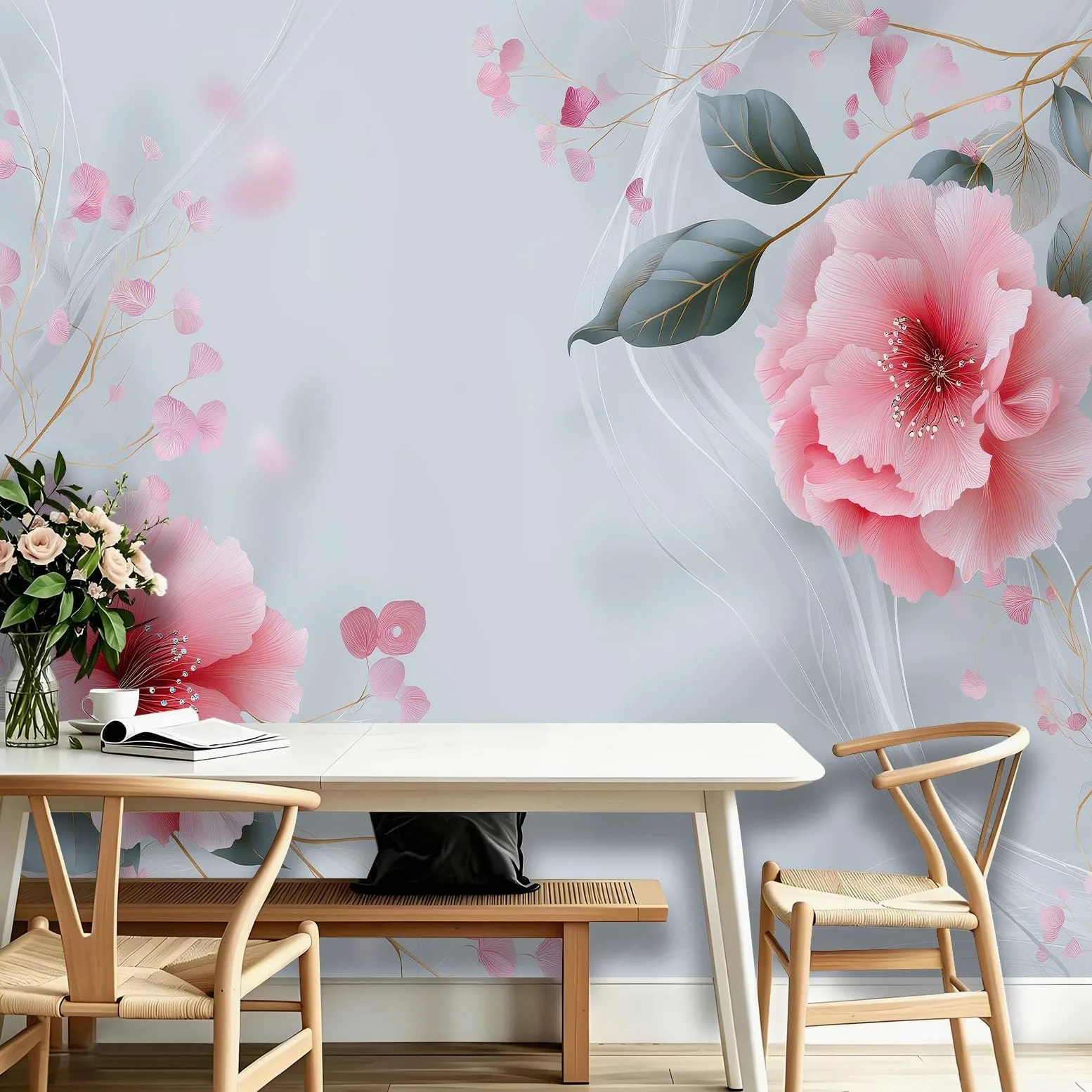 Générique Tapeta ścienna do salonu - kwiatowe płatki piwonii - 300x210cm Panoramiczna tapeta z włókniny, botaniczne linie falowane dekoracje ścienne 3D gobelin fotograficzny