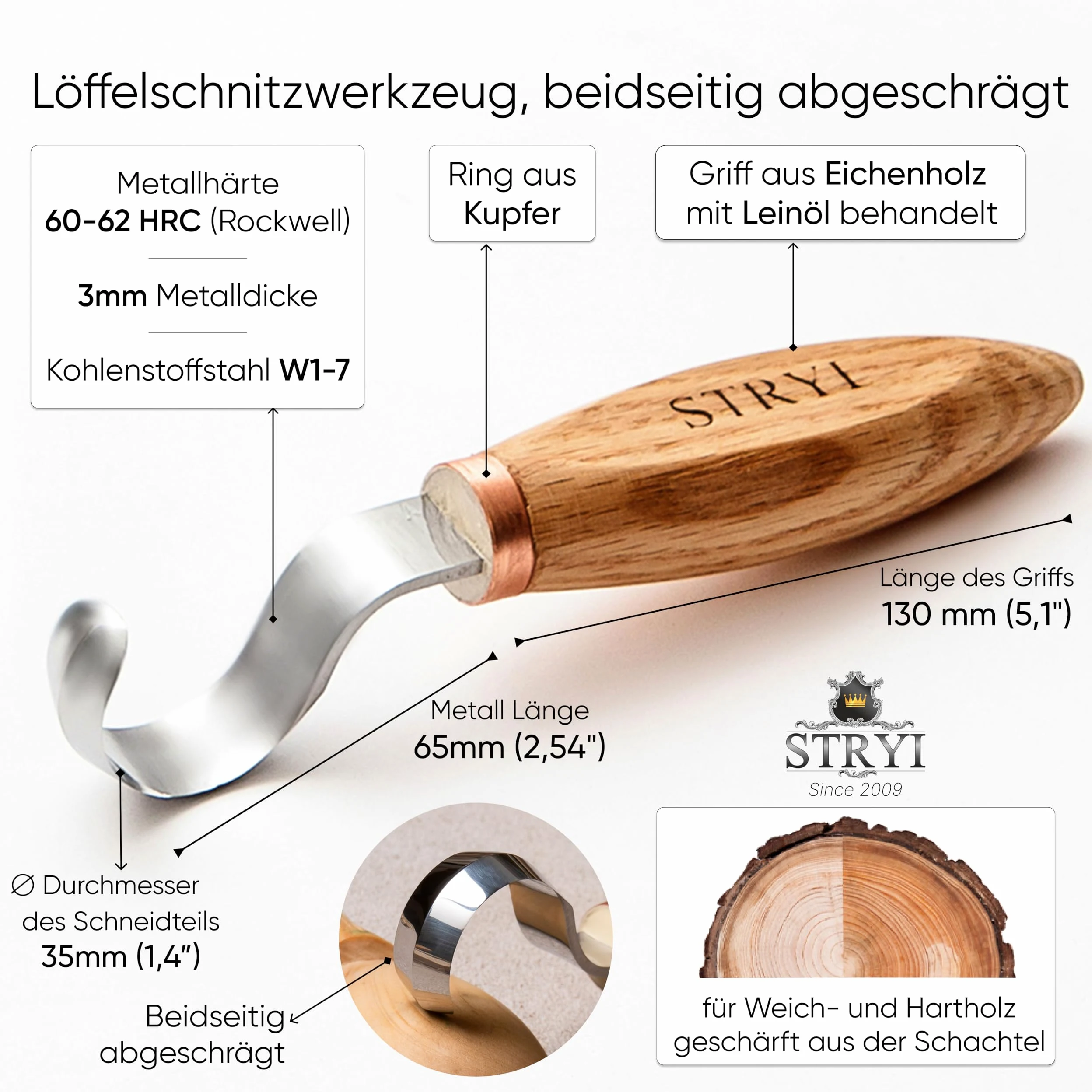 STRYI Profesjonalny nóż łyżkowy 35 mm – dłuto drążone, profil #5 z prostym ostrzem – ręcznie kute narzędzie do rzeźbienia w drewnie, do łyżek, płaskorzeźb, konturów – dla profesjonalistów i rzeźbiarzy