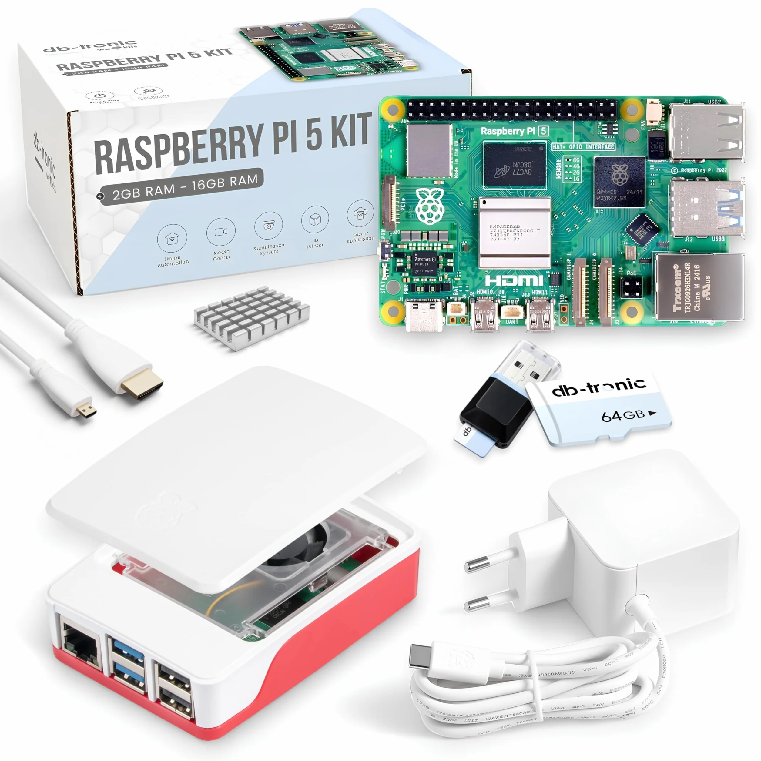 db-tronic Raspberry Pi 5 2 GB Starter Kit | Edycja 64 GB | Zasilacz 27 W | Obudowa z wentylatorem | Micro HDMI 4K | Aluminiowy radiator | idealny do Home Assistant i smart home