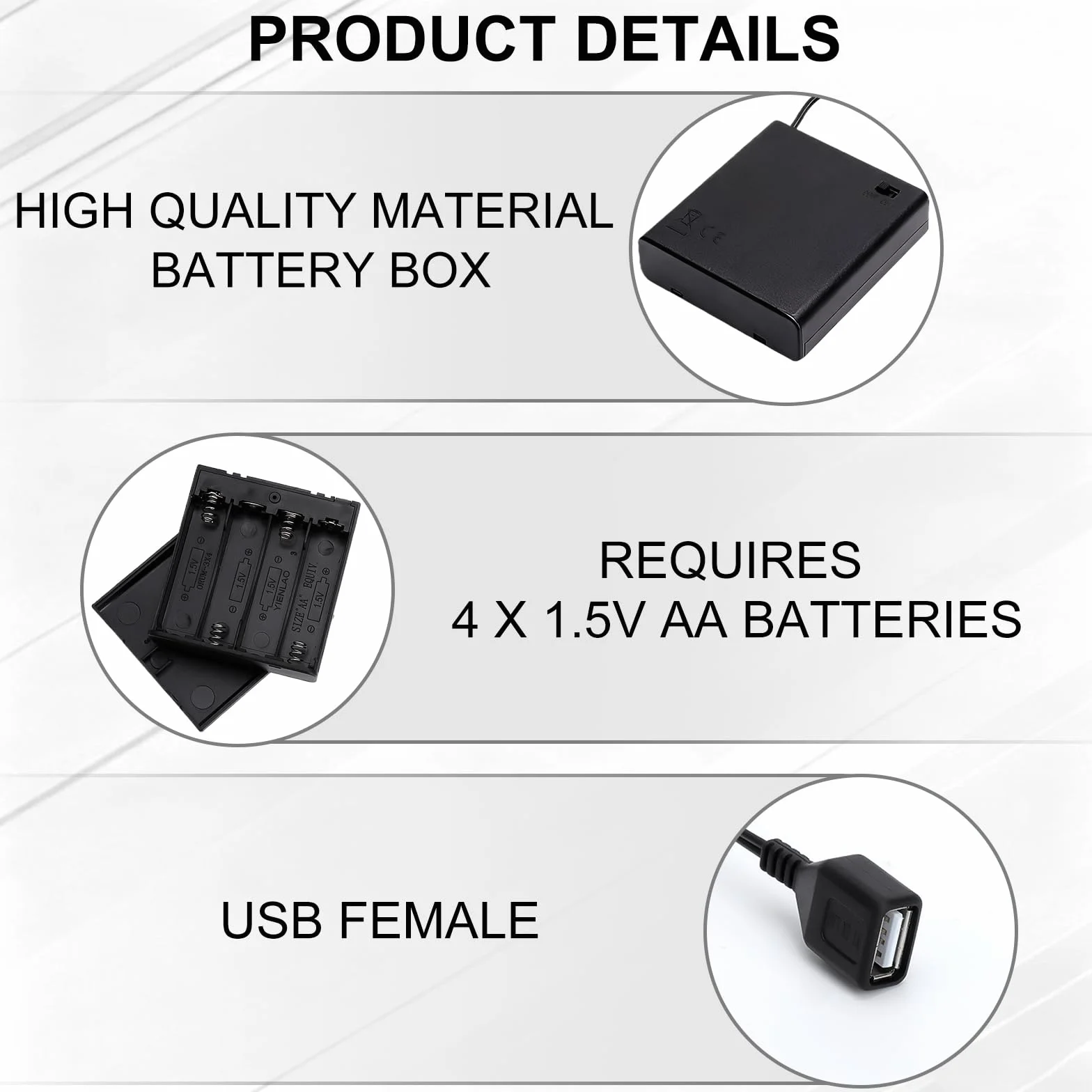 4 Sztuki Uchwytów na Baterie AA z Portem USB i Przełącznikiem, 6V, Tworzywo Sztuczne, 4 x 1,5V Pojemnik na Baterie do Samochodów RC LED