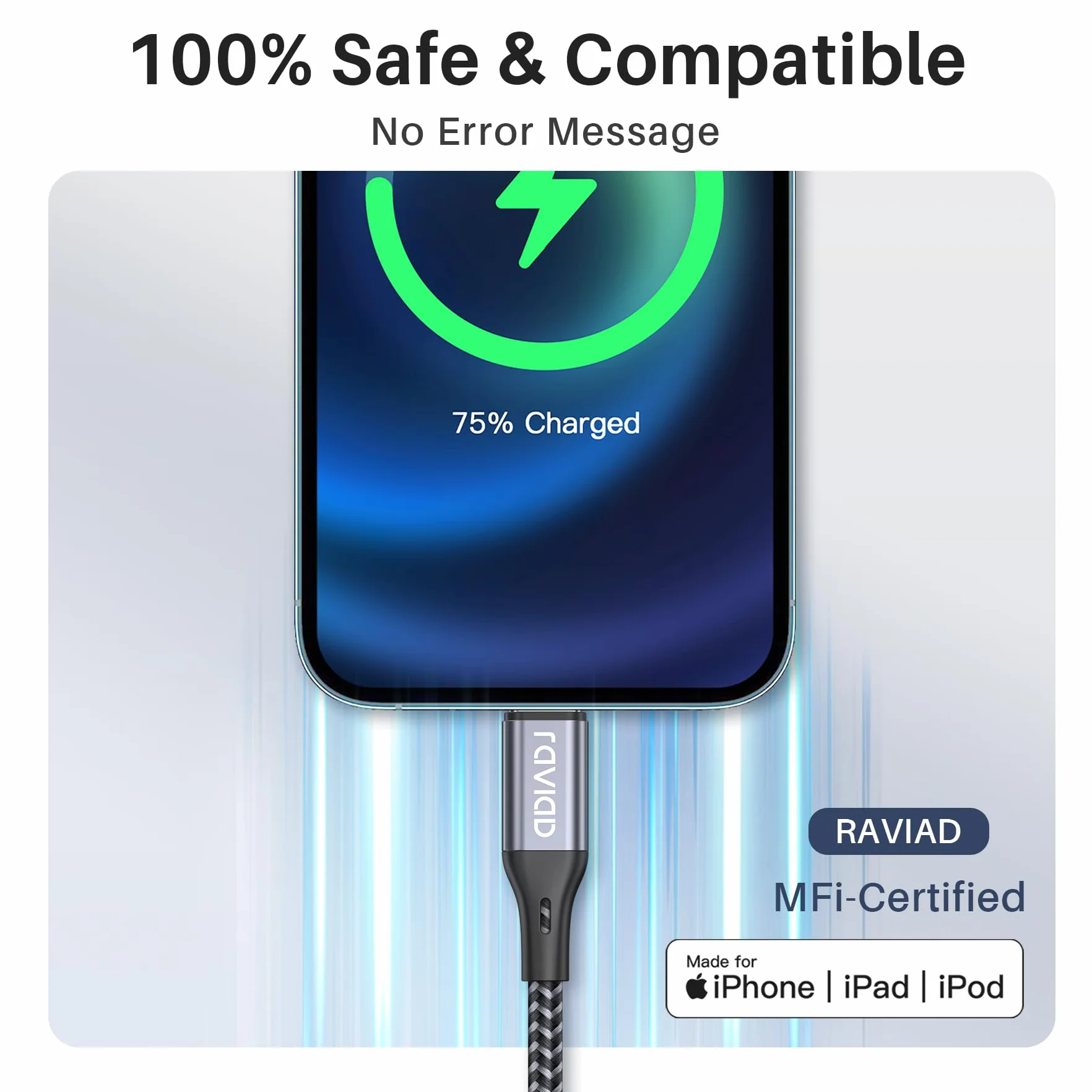 RAVIAD Kabel Lightning 3m MFi oplatany nylonem szybkie ładowanie iPhone 13 12 11 Pro Max Xs X XR 8 7 6s 6 SE 5 5s 5c szary