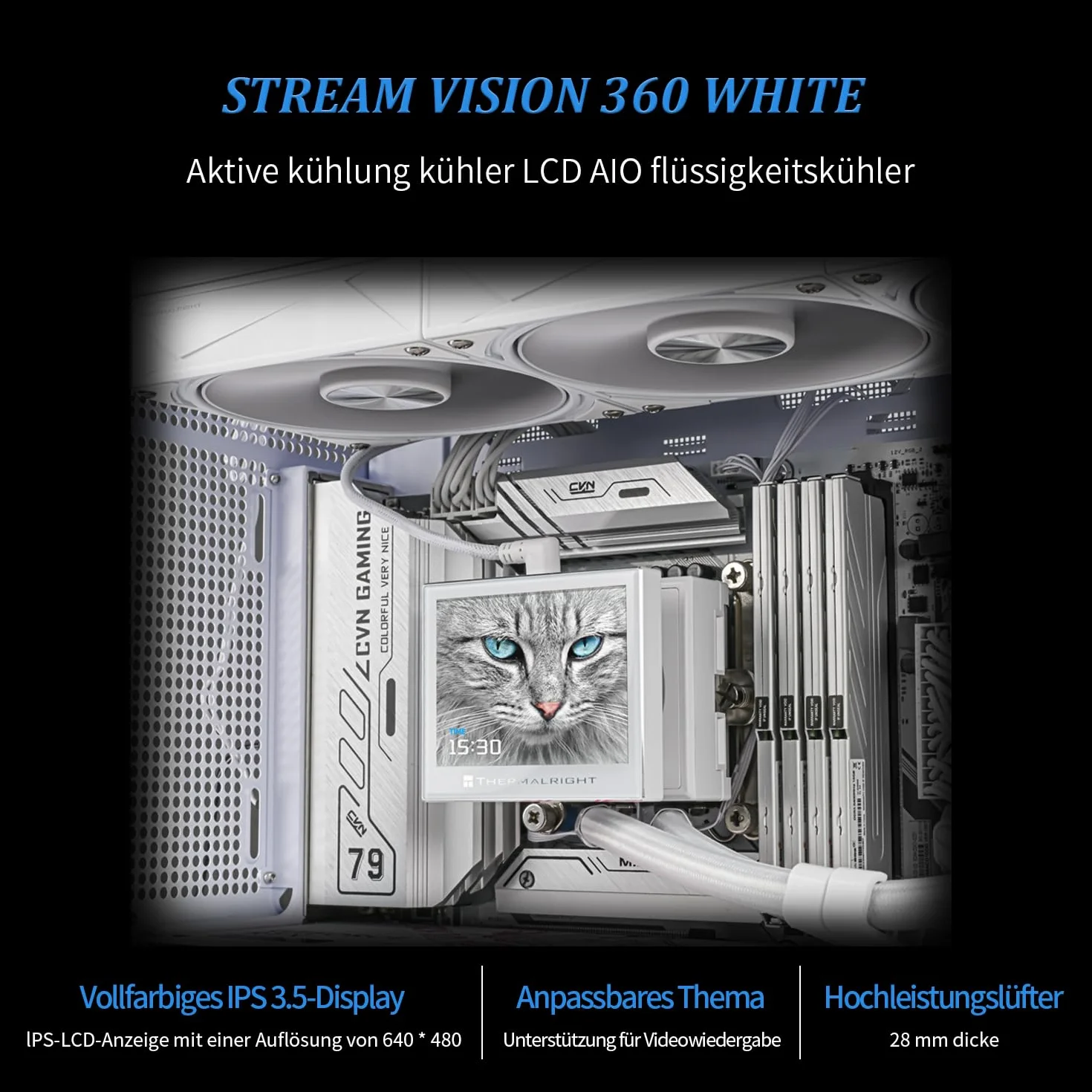 Thermalright Stream Vision 360 Chłodnica cieczy procesora, ekran LCD 3,5" z wbudowanym wentylatorem magnetycznym,rozdzielczość 640 x 480, prędkość 2400 obr./min,kompatybilny z AM5,LGA1851/1700