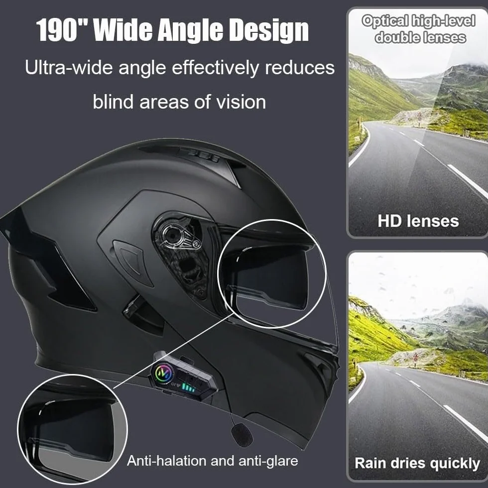 Modułowe kaski Bluetooth Kask motocyklowy Flip-Up Road Legal Kaski motocyklowe z homologacją ECE Podwójne wizjery przeciwmgielne Kask ochronny dla dorosłych mężczyzn i kobiet Kaski integralne(5,