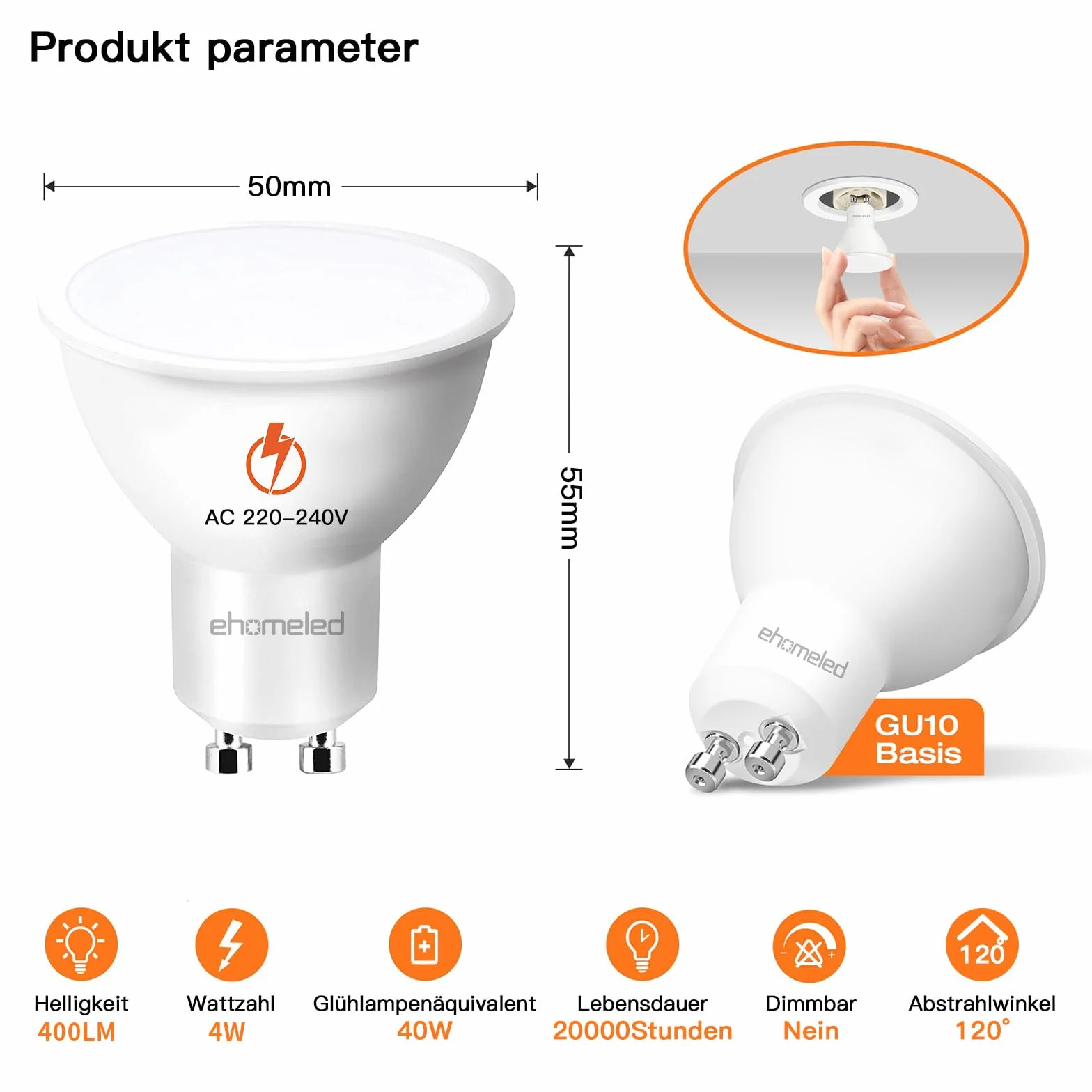 GU10 żarówka LED, ciepła biel (3000 K), 4 W, 400 lumenów, zastępuje żarówkę halogenową 40 W, energooszczędna, 120° reflektor, idealna do salonu, kuchni i korytarza, bez możliwości ściemniania