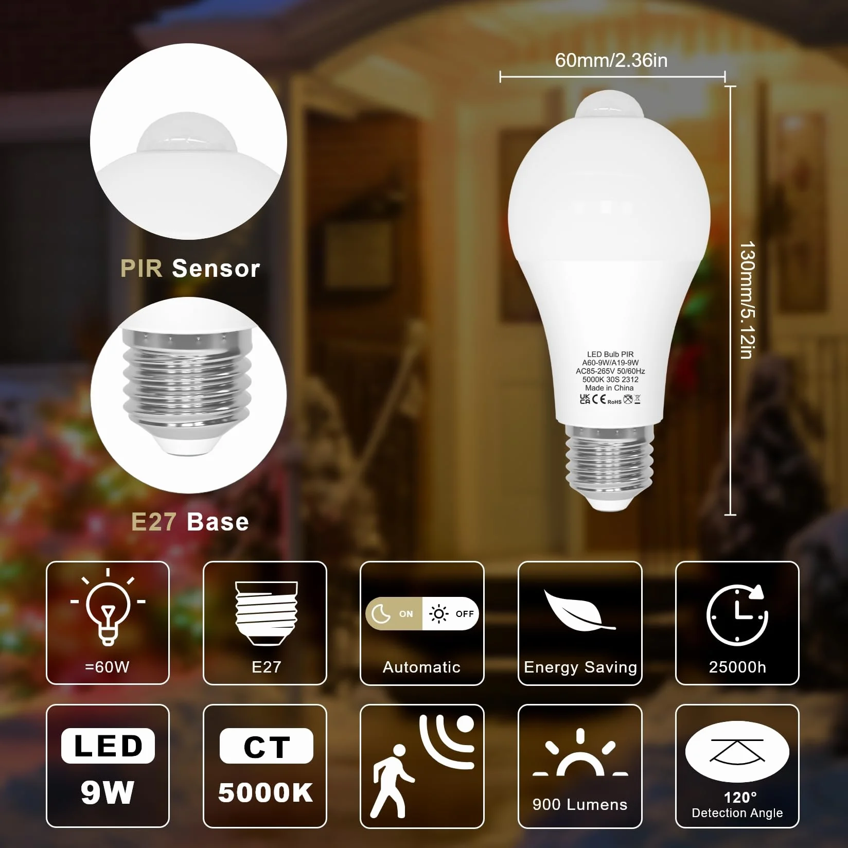 Żarówka z czujnikiem ruchu, żarówka LED E27 z czujnikiem ruchu PIR, światło białe, 5000 K, 9 W, 900 lm, żarówki bezpieczeństwa, automatyczne włączanie/wyłączanie, do korytarza i garażu, opakowani