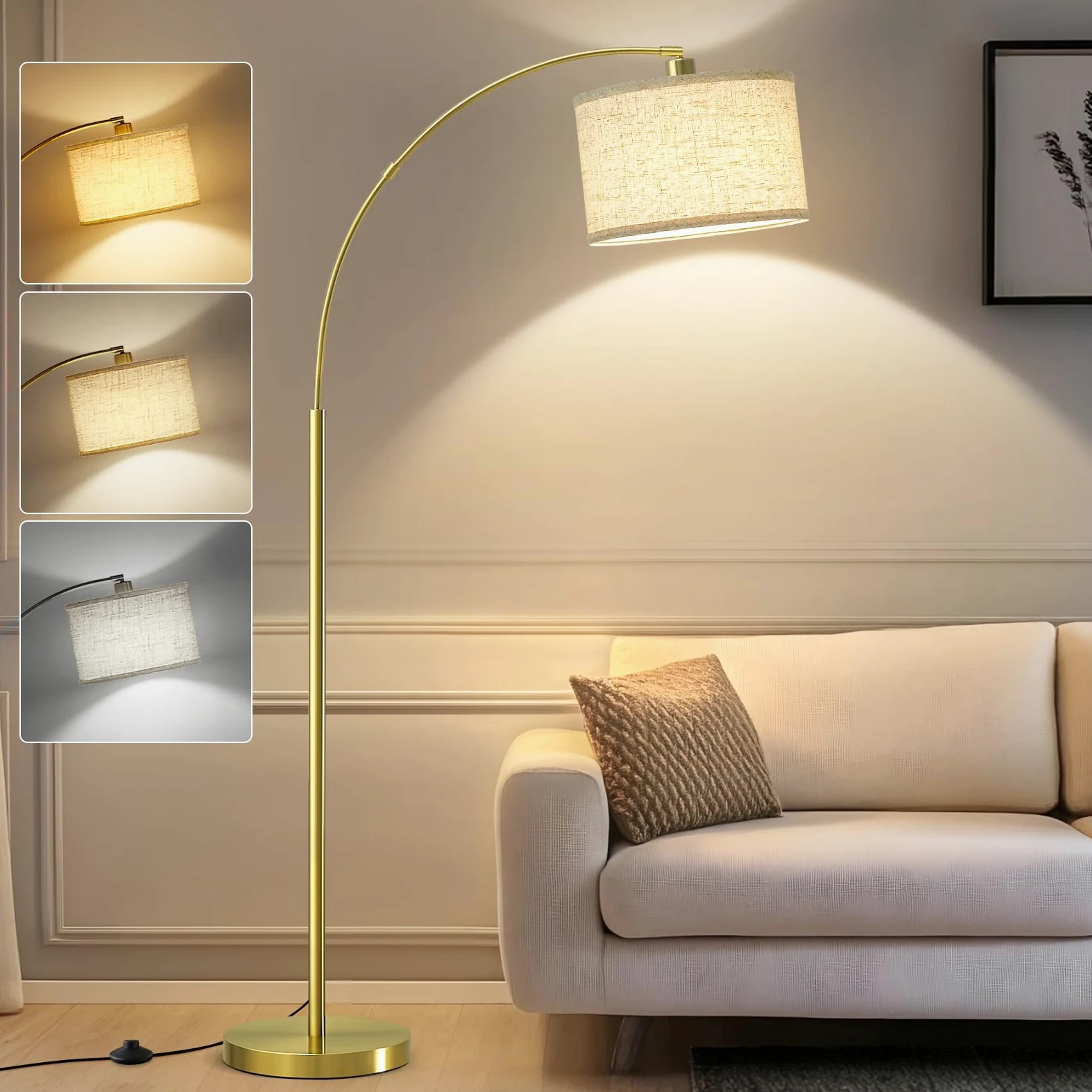 GyroVu Lampa podłogowa Arc do salonu, lampa wolnostojąca z regulowaną głowicą, 3 temperatury barwowe, wysoka lampa z przełącznikiem nożnym, łukowata lampa narożna do sypialni lub biura