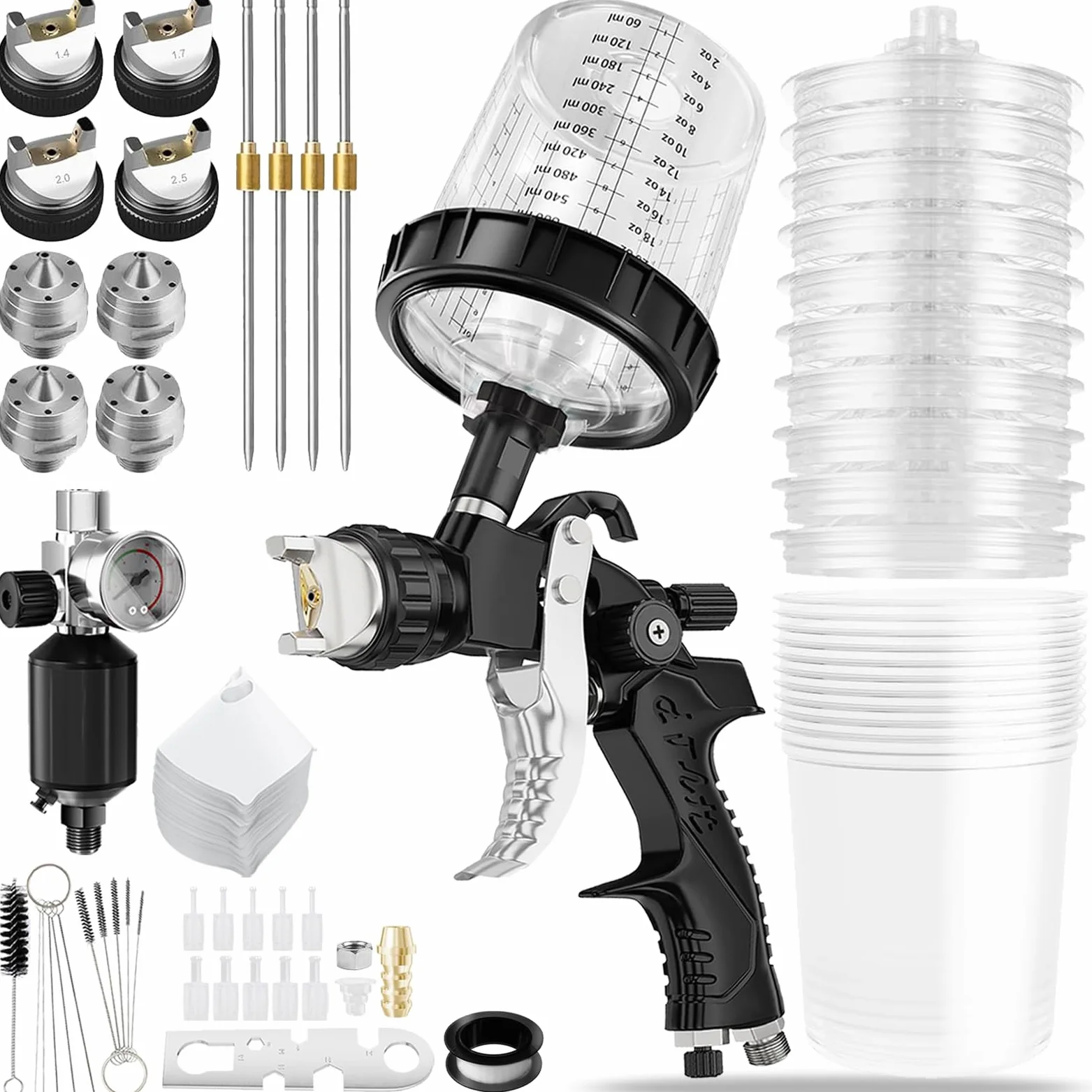 Pistolet lakierniczy HVLP z dyszami 1,4/1,7/2,0/2,5 mm i regulatorem powietrza, zestaw pistoletów lakierniczych do samochodów z kubkiem o pojemności 600 ml i innymi akcesoriami do natryskiwania