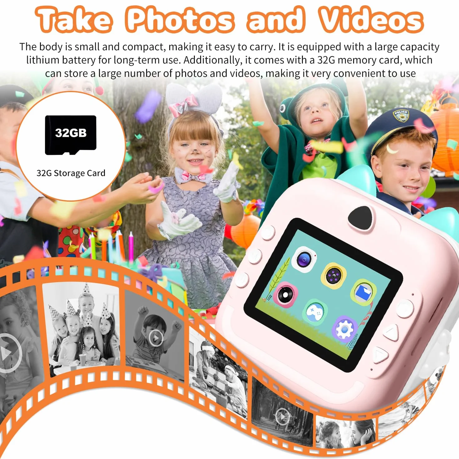 Aparat cyfrowy dla dzieci, 1080P 2.4" HD Aparat fotograficzny dla dzieci z kartą 32 GB i papierem do drukowania, natychmiastowa kamera wideo selfie dla dzieci w wieku 6 lat i starszych, prezent