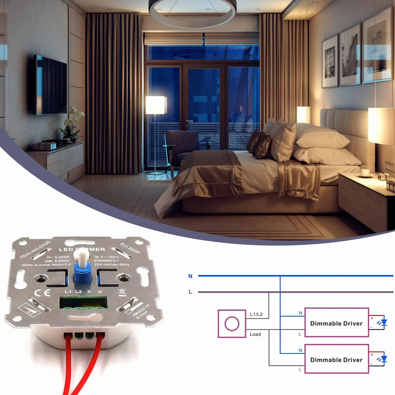 Ściemniacz LED, ściemniacz LED, przełącznik ściemniania Trailing Edge, 250 W, podtynkowy ściemniacz obrotowy, włącznik światła do ściemnianych lamp LED, żarówki i lampy halogenowej, biały, 86 × 86 ×