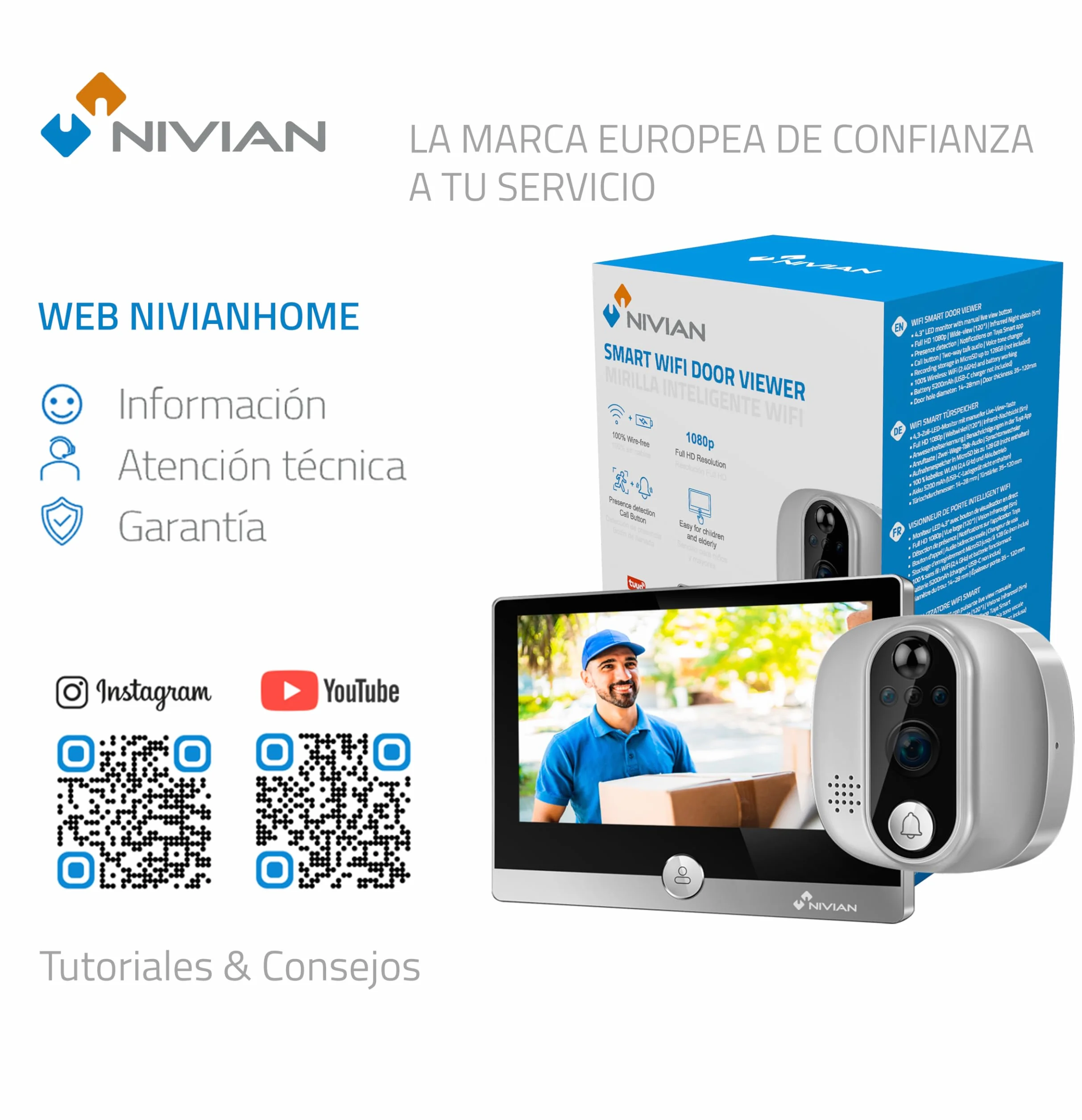 NIVIAN Wizjer cyfrowy WiFi - Kamera wideo Full HD z baterią i dzwonkiem, dwukierunkowym dźwiękiem, wykrywaniem PIR i noktowizorem | Sterowanie aplikacją i smartfonem