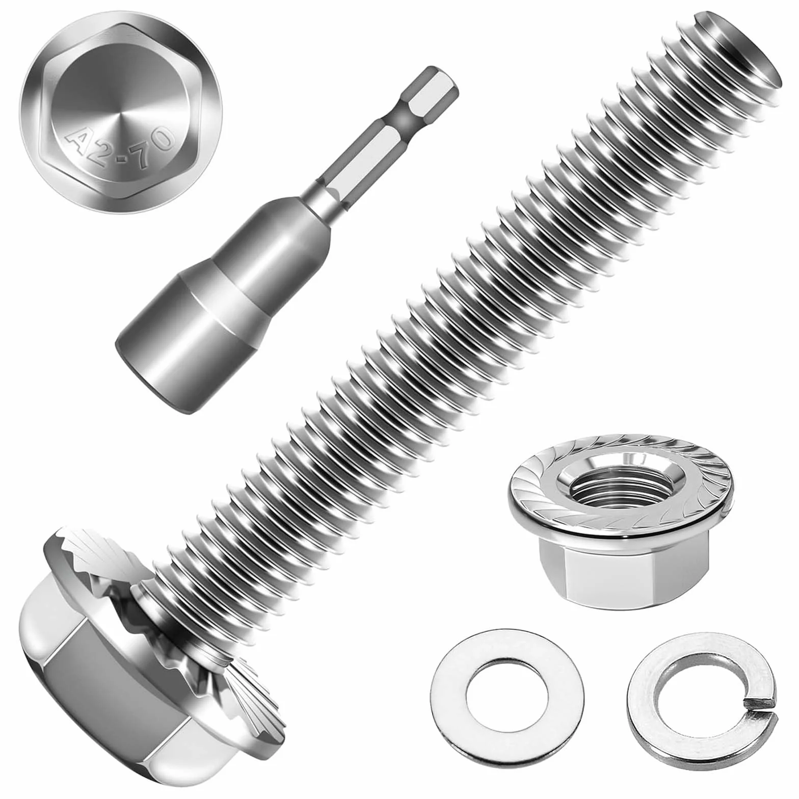 10 sztuk śrub sześciokątnych M8x40, śruby z kołnierzem, stal szlachetna A2 V2A, sześciokąt zewnętrzny, pełne gwinty, podkładki, pierścienie sprężyste i nakrętki/sortyment śrub z magnetycznym bitem