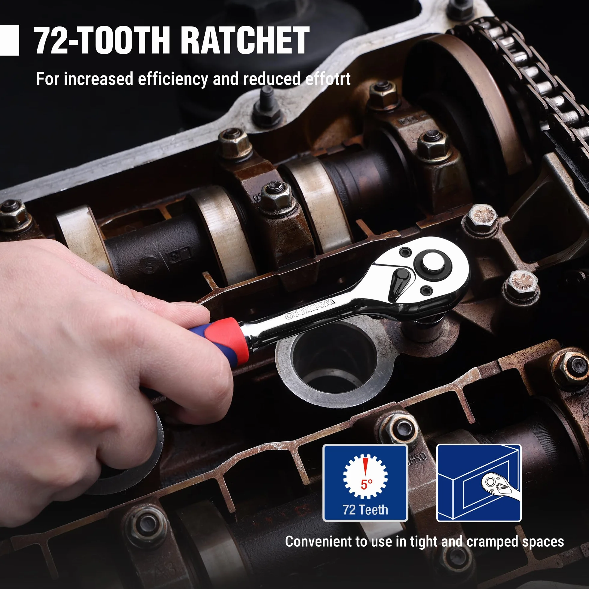 Workpro Zestaw kluczy grzechotkowych 1/4" z 72 zębami i nasadkami Cr-V, 14 sztuk