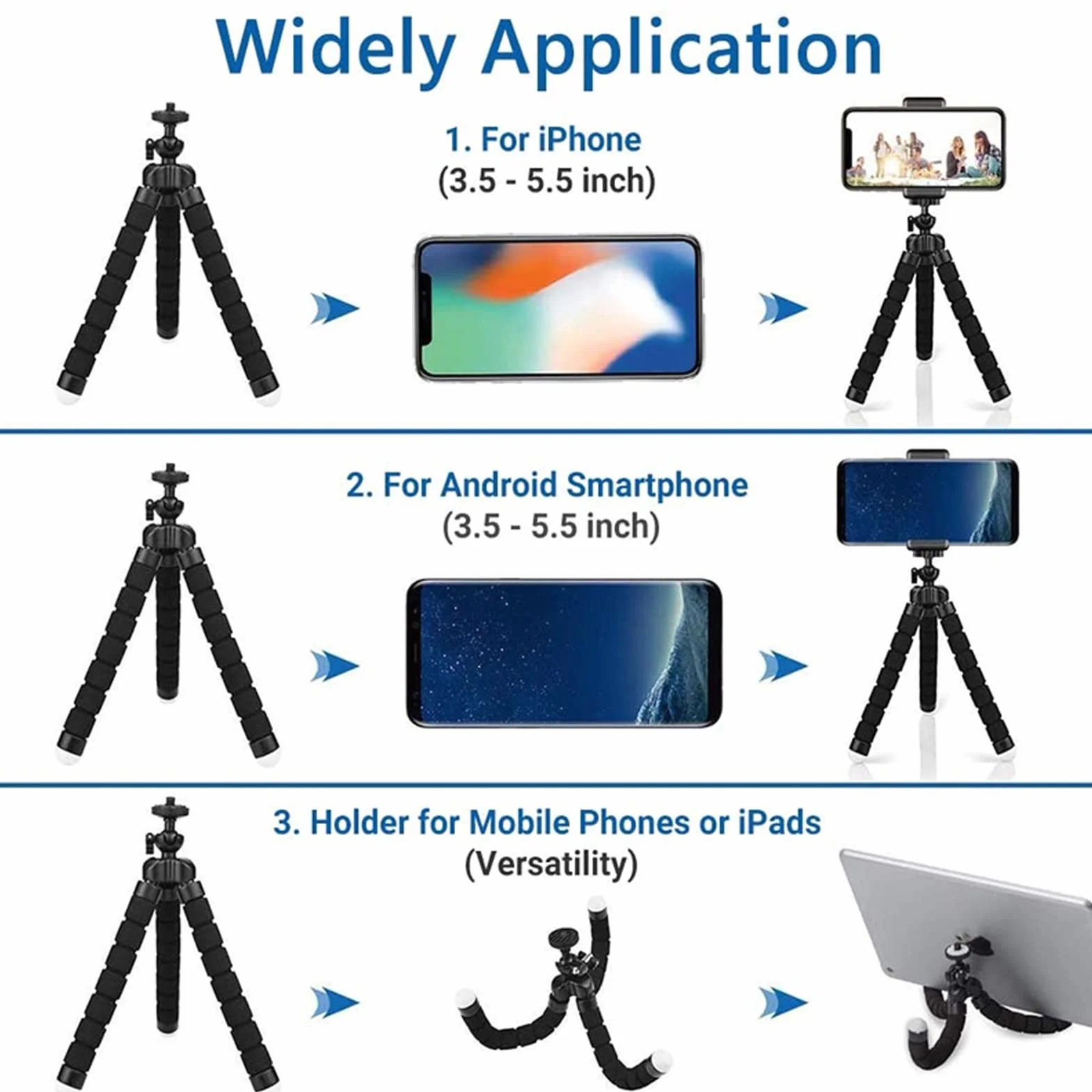 Elastyczny Statyw z Gąbki, Aluminiowy Statyw do Telefonu Komórkowego Selfie Stick, 30 Stóp Bezprzewodowy Pilot Zdalnego Sterowania Uchwyt na Telefon do Telefonu Komórkowego 6-9 Cm / 2,4-3,5 Cala