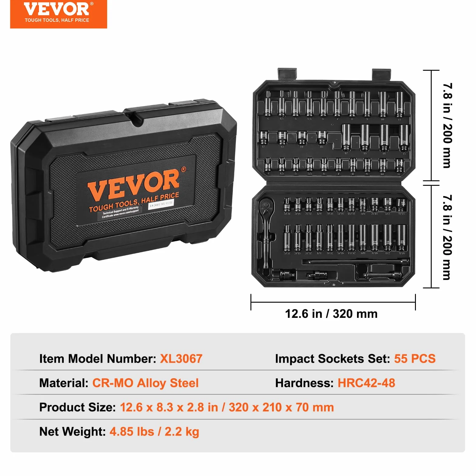 VEVOR Zestaw nasadek perkusyjnych 6,35 mm, zestaw 55 głębokich i mało głębokich kompasów SAE 5/32-9/16" i metryki 4-15 mm do napraw samochodów, kompasów, łatwe do odczytania oznaczenia rozmiaru