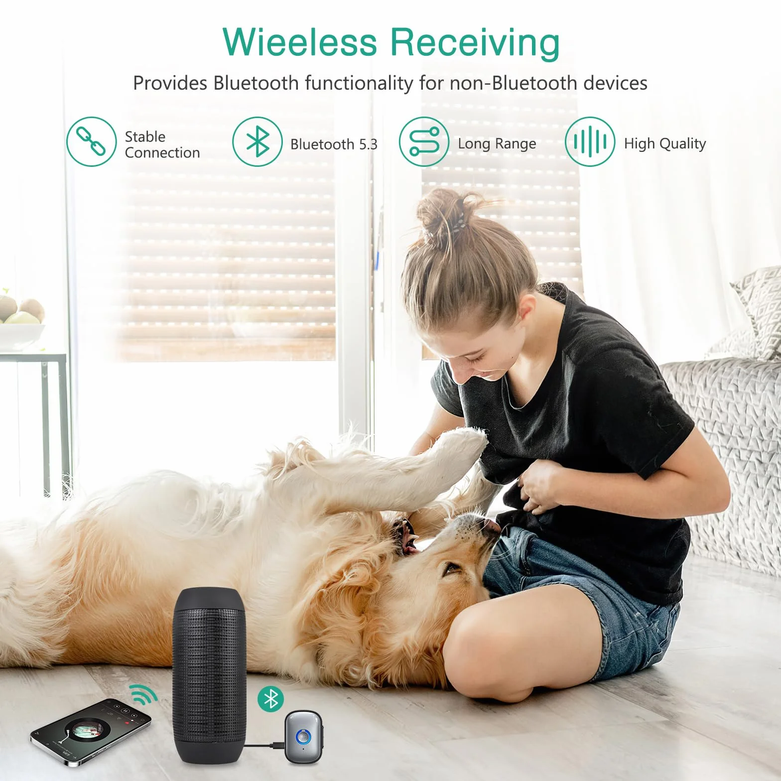 ORIA Odbiornik nadajnika Bluetooth 5.3, przenośny adapter audio AUX z redukcją szumów, plug and play, regulacja głośności, 3,5 mm odbiornik audio do samochodu/samolotu/słuchawek/głośnika