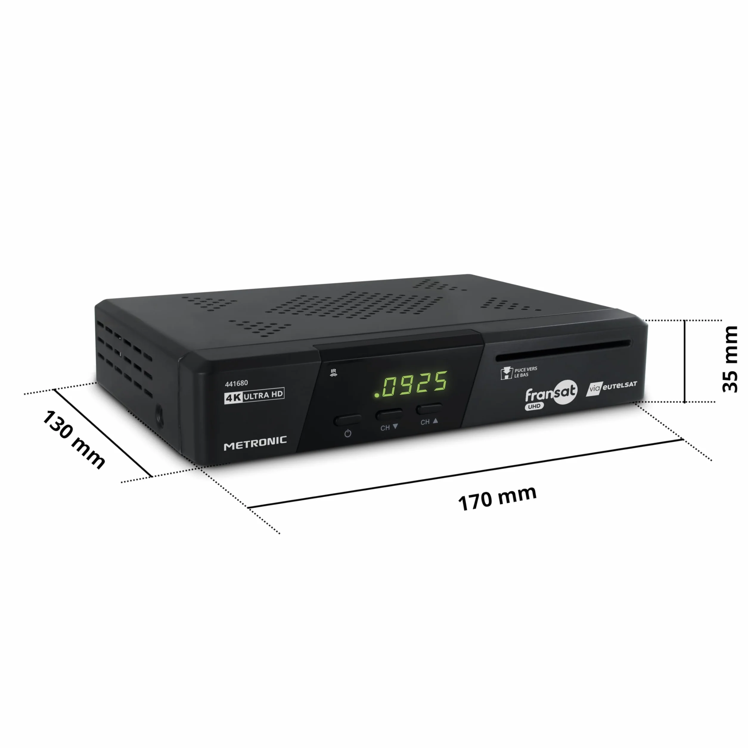 METRONIC Dekoder telewizji satelitarnej 441680 Fransat 4K UHD HDR10, darmowy odbiór telewizji NT, dźwięk Dolby Atmos, port USB z podwójną mocą, karta Fransat w zestawie, pauza i odtwarzanie telewizji