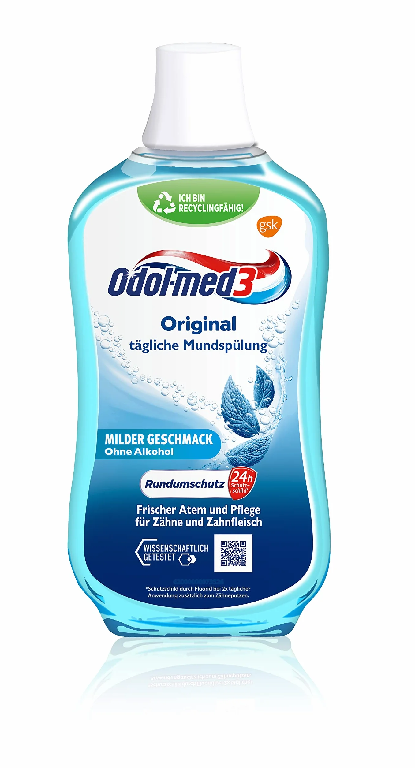 Odol-med3 oryginalny płyn do płukania jamy ustnej, bez alkoholu, pielęgnuje zęby i dziąsła, o miętowym smaku, 500 ml