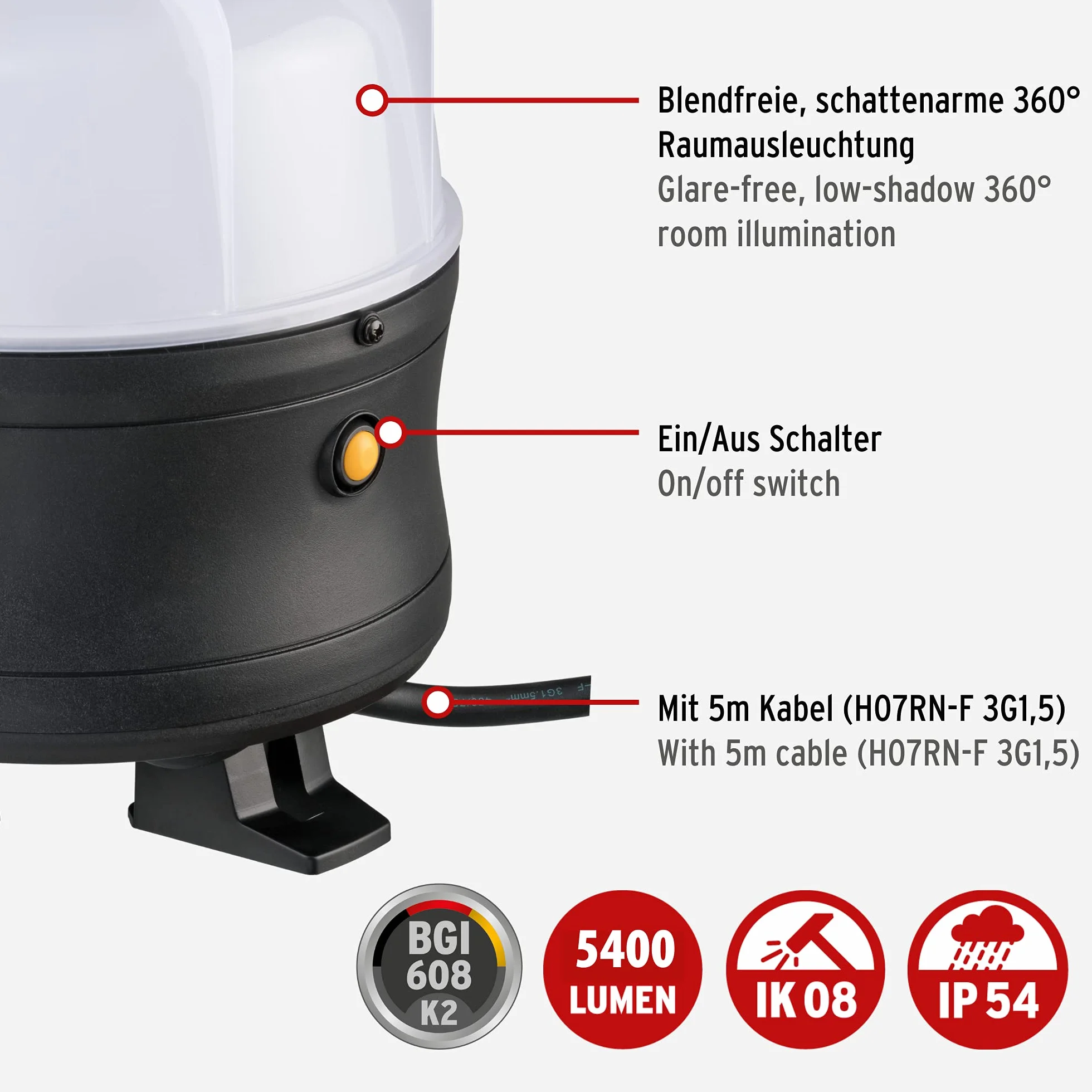 Brennenstuhl mobilny reflektor LED 360° / reflektor budowlany LED 50W (reflektor roboczy 5400lm, kabel 5 m i bryzgoszczelne gniazdo z samozamykającą się pokrywą, IP54), 1171410902