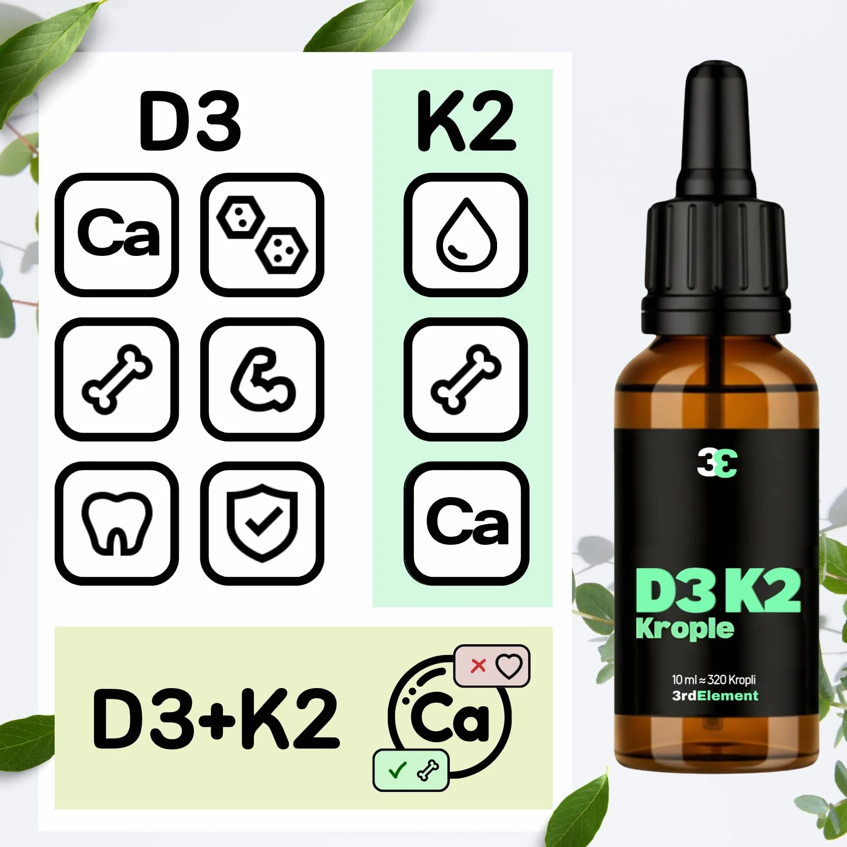 Witamina D3 K2 w kroplach 10 ml | D3 2000 iu | Wysoka przyswajalność | Wspiera odporność, kości i mięśnie