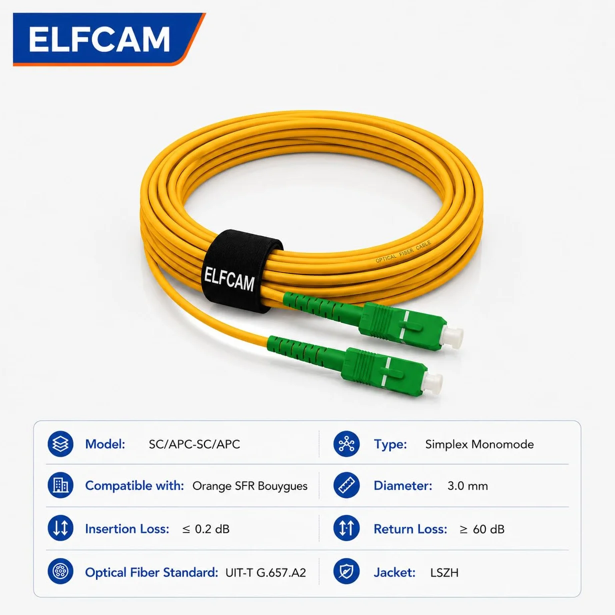 Elfcam 3m Kabel światłowodowy SC/APC do SC/APC dla Orange Livebox SFR La Box Fibre Bouygues Telecom Bbox Mobistar