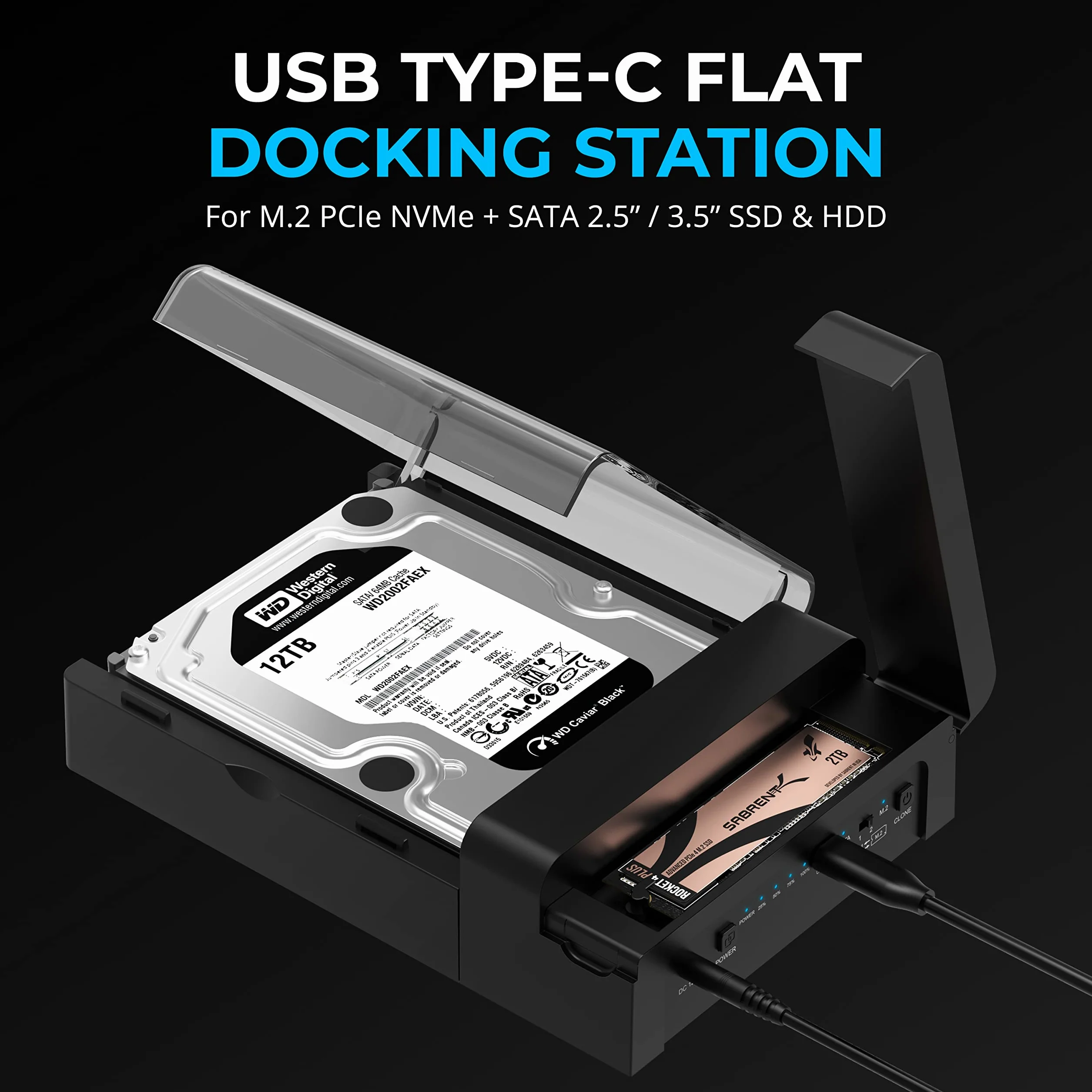 SABRENT M.2 SSD & HDD obudowa dysku twardego, 2,5" 3,5" SATA & M2 NVMe Dock, USB C 10 Gbps z klonowaniem offline (DS-UFNC)
