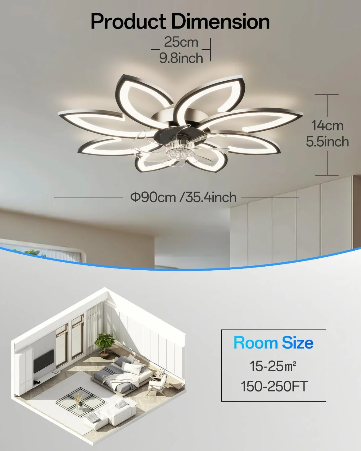 Wentylator sufitowy z oświetleniem LED, 90 cm, bardzo cichy, do salonu, ściemniana, nowoczesny silnik DC, na lato i zimę, do sypialni, kuchni