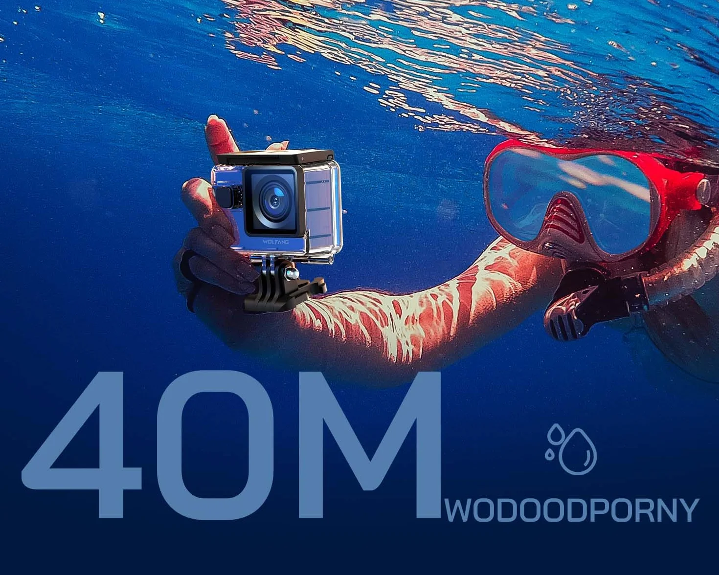 Kamera akcji WOLFANG 4K 60FPS, kamera podwodna GA300 20MP WiFi, wodoodporna kamera na kask 40M z ekranem dotykowym Zoom 8X 6-AXIS EIS (mikrofon zewnętrzny, pilot baterie 2x1350mAh i zestaw akcesoriów)
