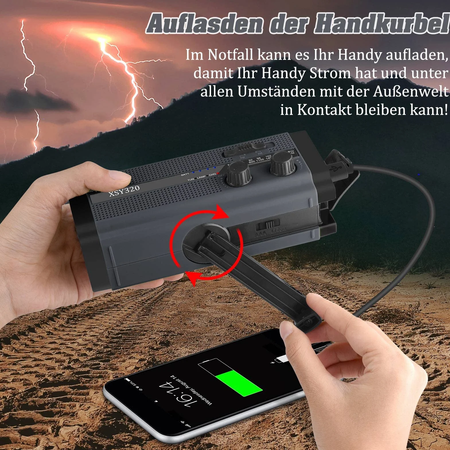 Przenośne radio korbowe AM/FM 5000 mAh latarka LED alarm SOS czarny
