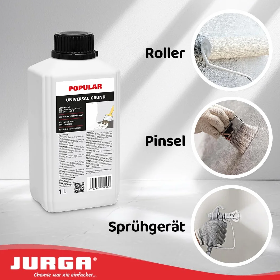 JURGA Popular Grunt l 1L (≈10m²) do ścian i podłóg uniwersalny podkład preparat gruntujący do użytku na zewnątrz i wewnątrz na chłonne porowate podłoża