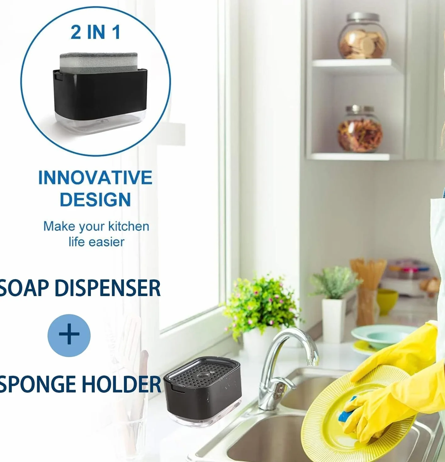 Collazoey Kitchen Washing Up Dozownik płynu do mycia 2 w 1, dozownik mydła z uchwytem na gąbkę, dozownik detergentu, w zestawie z gąbką do mycia naczyń (czarny)