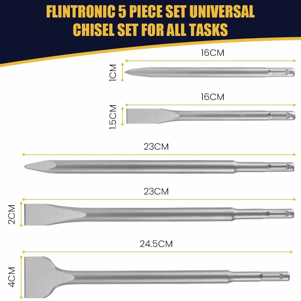 Flintronic Zestaw wierteł udarowych SDS Plus, 5-częściowy zestaw wierteł SDS-Plus, zestaw dłut udarowych, dłuta płaskie, do kamienia, betonu, cegły