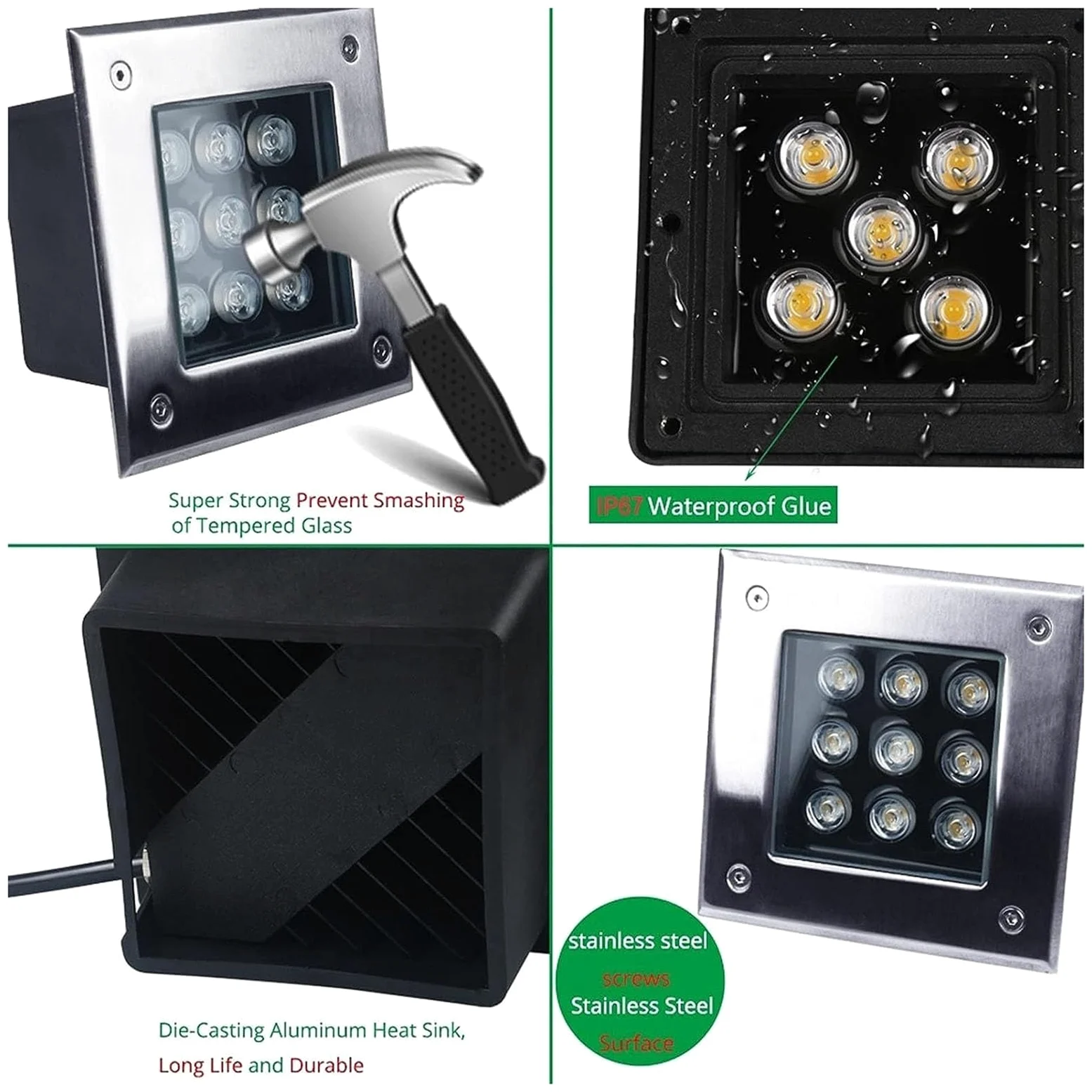 Kwadratowy reflektor LED do ogrodu - zewnętrzna lampa wpuszczana, wodoodporna IP67, oświetlenie ścienne i podłogowe niskiego napięcia 12 V (zielone światło, 12 W)