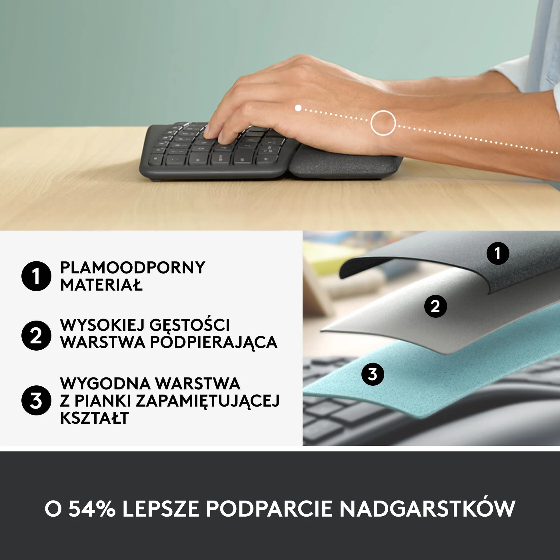 Logitech ERGO K860 - Bezprzewodowa ergonomiczna klawiatura dzielona, podkładka pod nadgarstek, łączność Bluetooth i USB, kompatybilna z Windows/Mac, QWERTY US Intl - Czarny