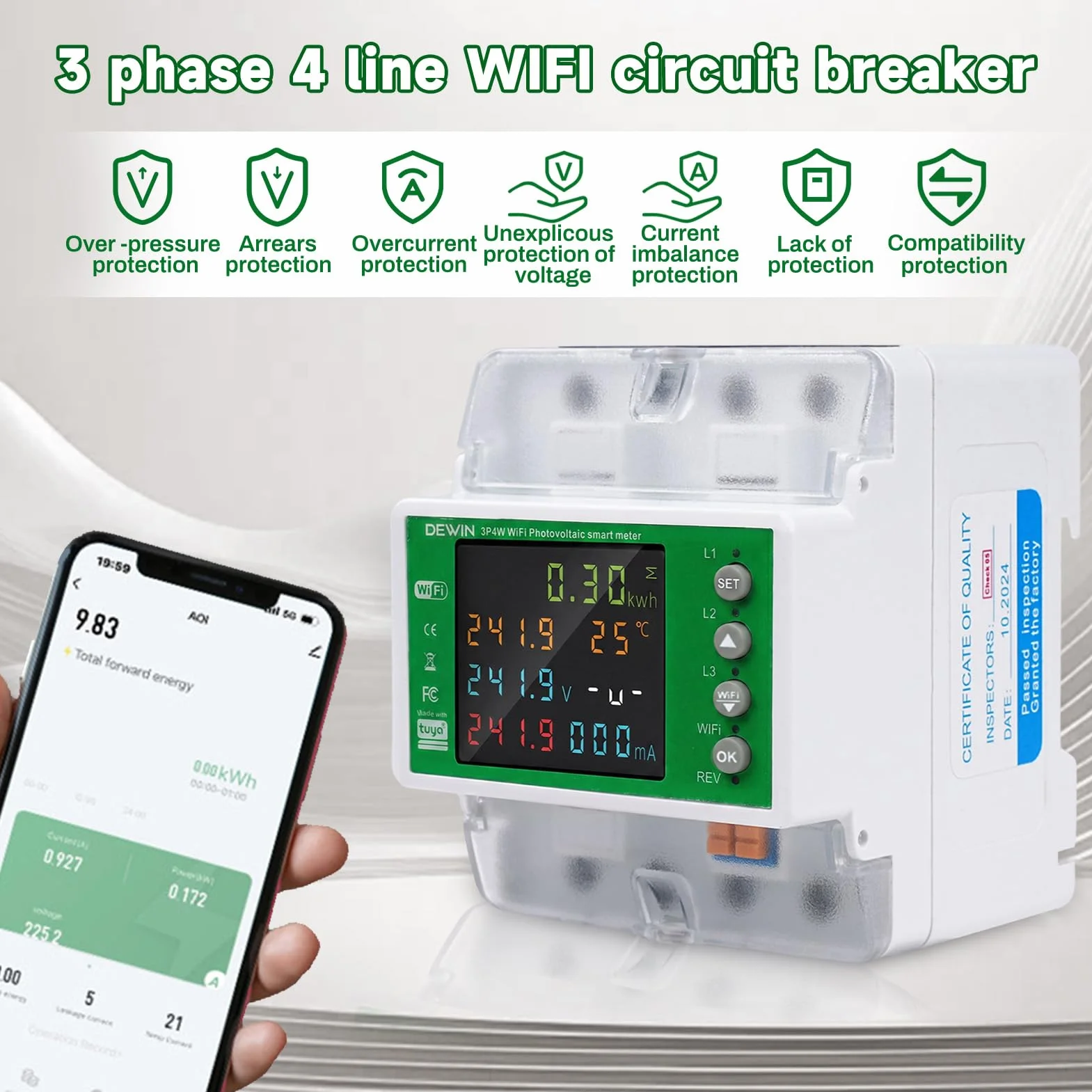 DEWIN Trójfazowy licznik energii elektrycznej WiFi, 100 A 380 VAC Miernik zużycia energii elektrycznej WiFi, trójfazowy licznik energii elektrycznej z kontrolą czasu/ochroną przed przepięciami ECC.