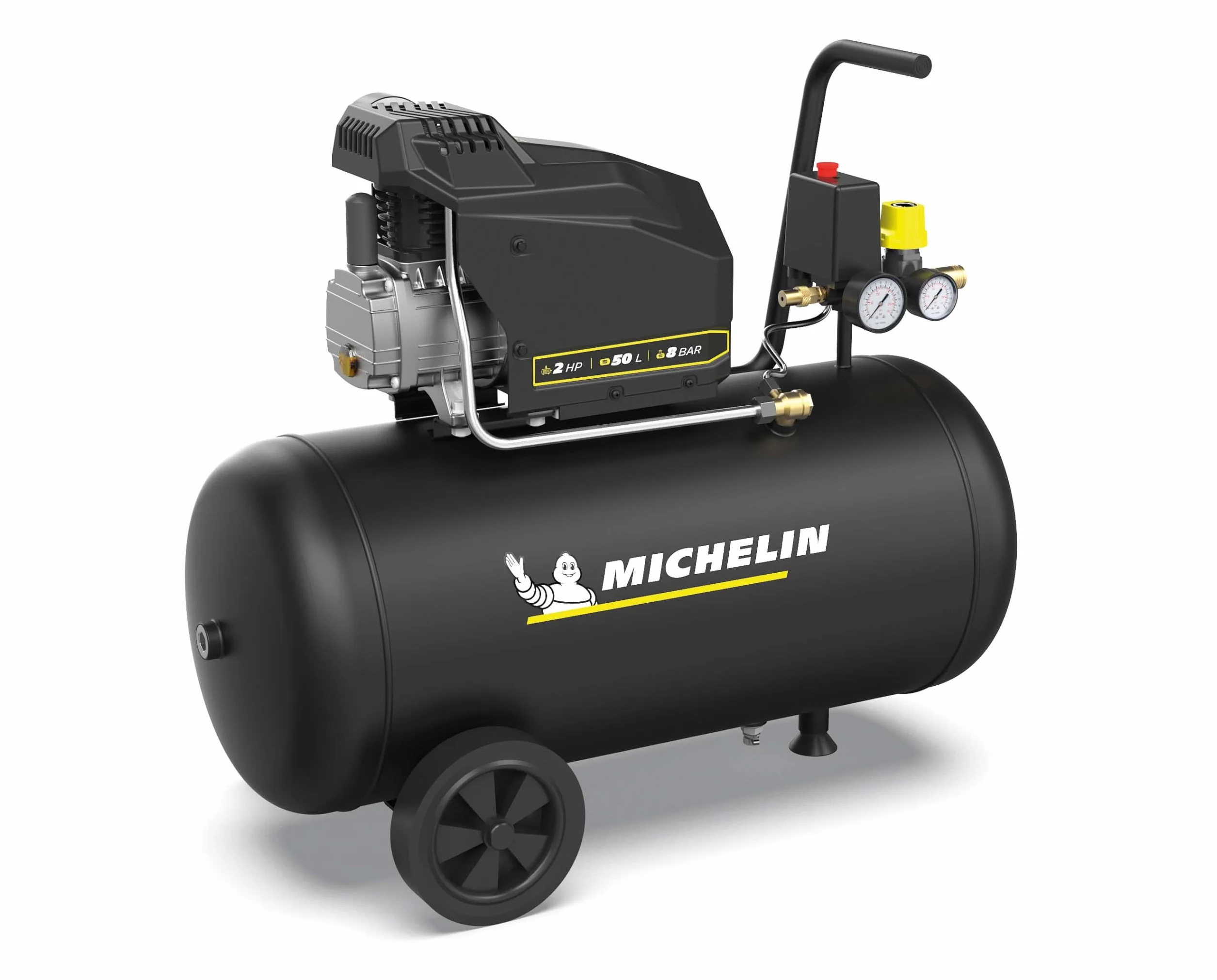 MICHELIN, Kompresor powietrza MX POP AIR 50-2 l, zbiornik 50 litrów z kołami, silnik 2 KM, maksymalne ciśnienie 8 bar, przepływ powietrza 195 l/min