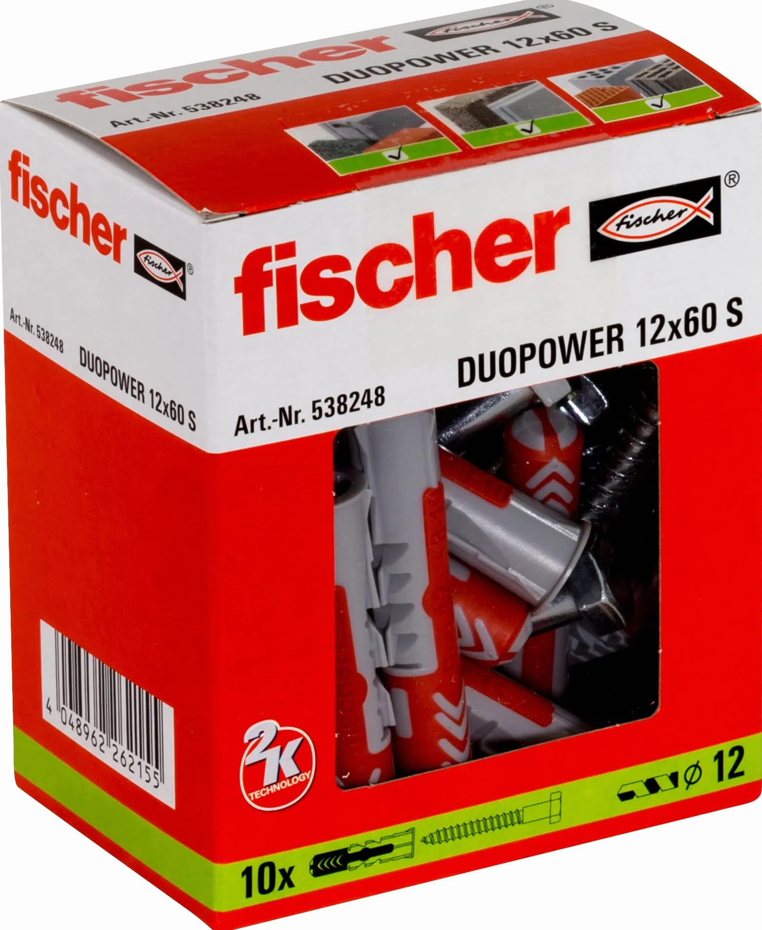 fischer DUOPOWER 12 x 60 S, uniwersalne kołki rozporowe ze śrubą zabezpieczającą, kołek 2-komponentowy, kołek z tworzywa sztucznego do mocowania w betonie, cegłach, kamieniu i wielu innych, 10 kołków rozporowych + 10 śrub