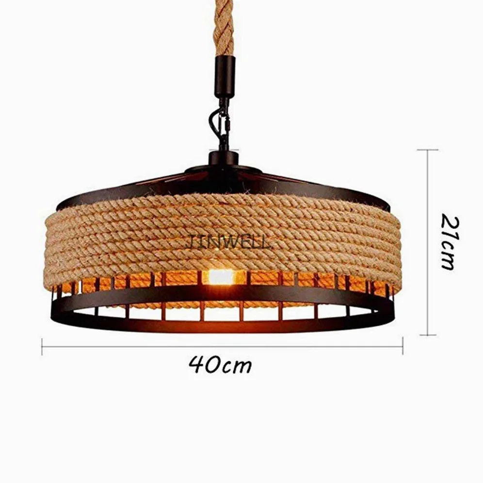 Lampa wisząca w stylu vintage/industrialnym/retro - żyrandol do salonu, okrągły, lina konopna, żelazna klatka, gwint E27, 1 głowica