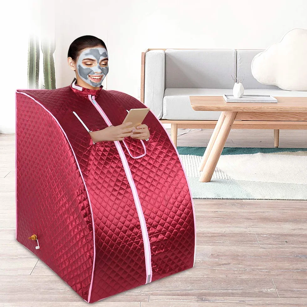 Sauna parowa do domu z namiotem i pilotem, generator pary SPA, 75x35x25 cm, czerwona