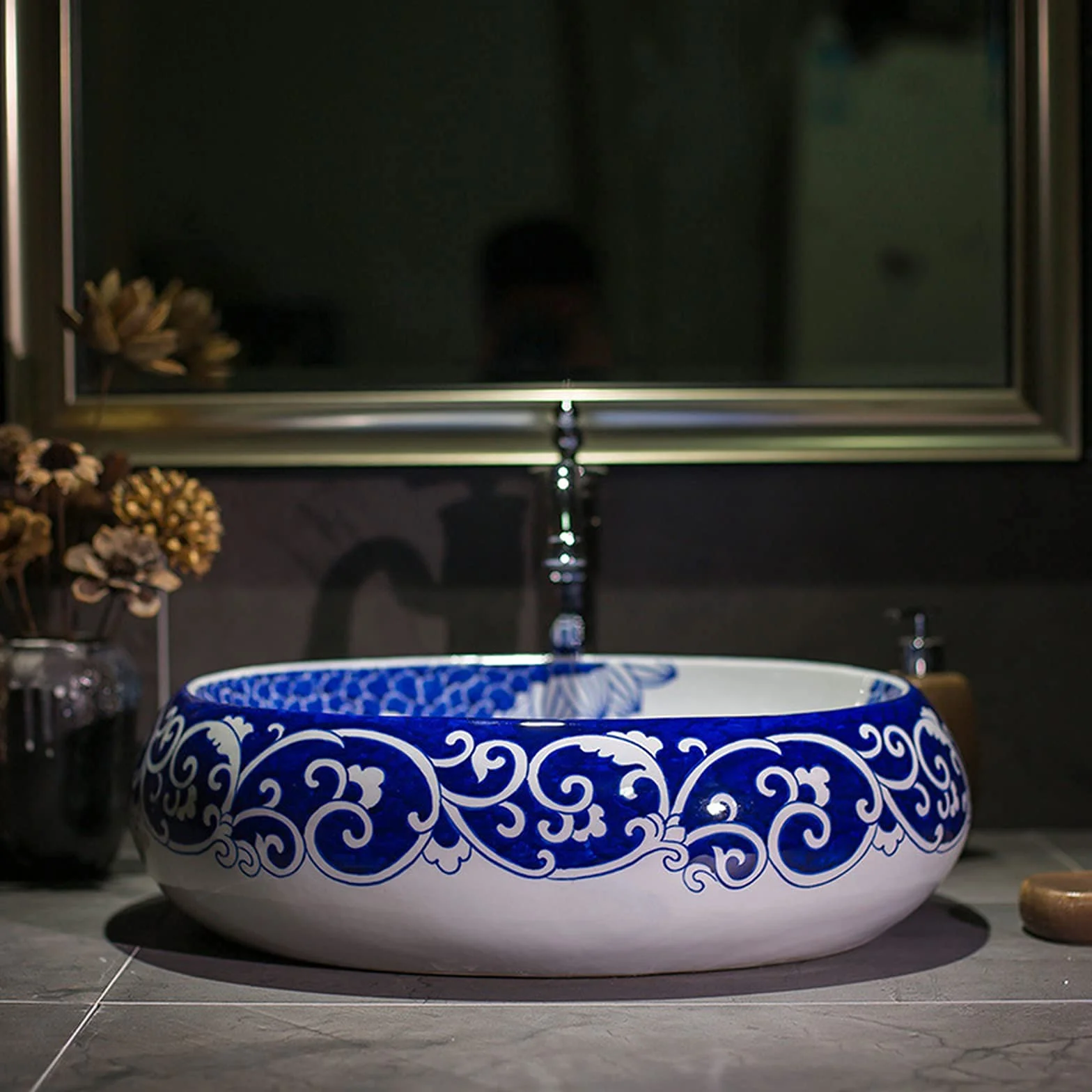 Umywalka nablatowa, umywalka ceramiczna, ręcznie malowana, okrągła umywalka nablatowa, nowoczesna miska łazienkowa nadblatowa, do przebudowy wanny, 50x41x15cm