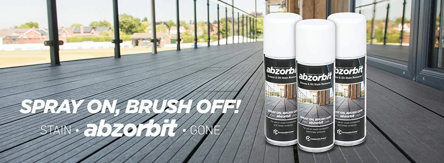 Abzorbit Composite Decking Cleaner, prawdopodobnie najlepszy środek do usuwania plam tłuszczu i oleju do drewnianych desek kompozytowych, wystarczy spryskać i szczotkować, wypróbuj. Pokochasz