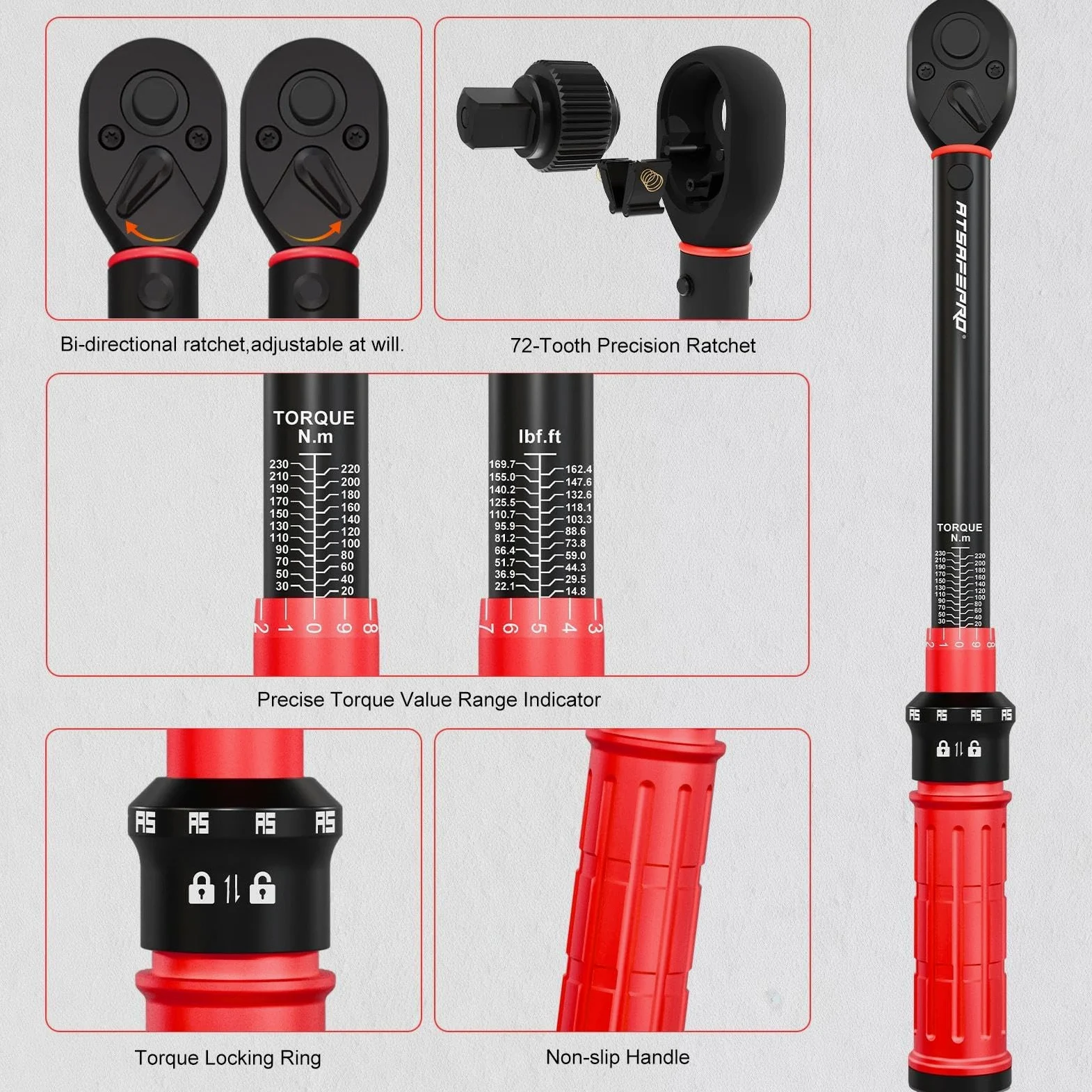 ATsafepro 12-częściowy Klucz Dynamometryczny 1/2'', 20-230Nm Zestaw Kluczy Dynamometrycznych Z Zestawem Do Naprawy Opon, Manometrem Oponowym I Miernikiem Głębokości Bieżnika, Dokładność ±3%